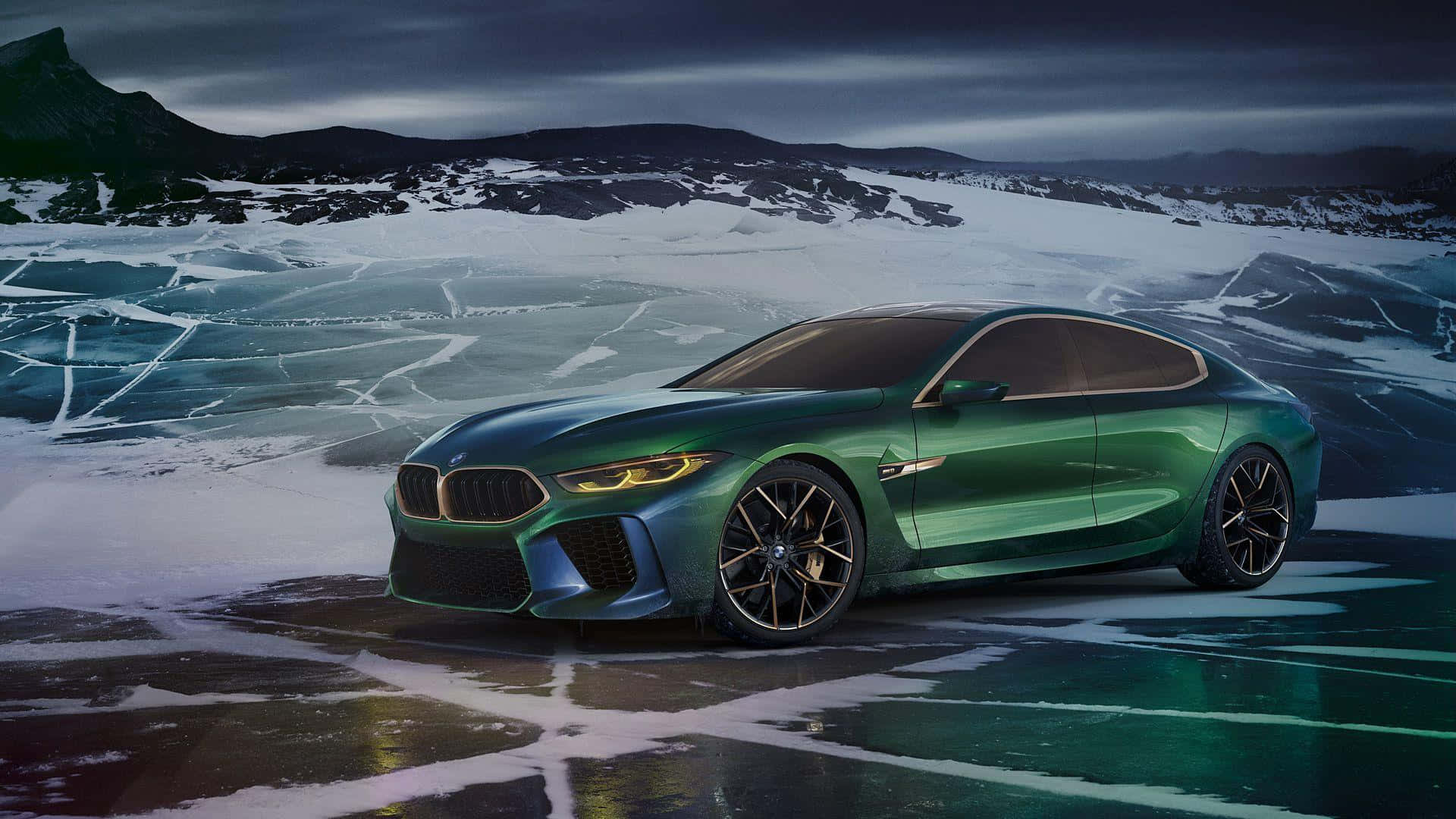 BMW M8, green, cracked icy lake, Full HD Desktop Wallpaper