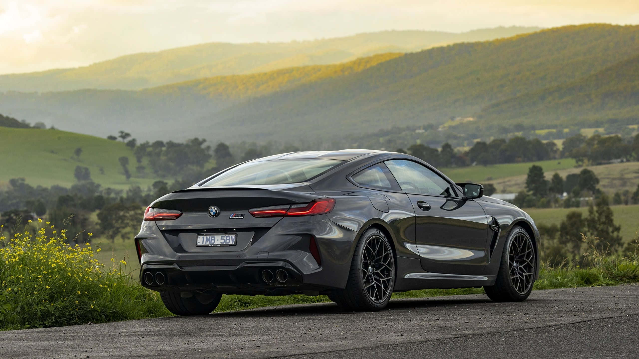 BMW M8, dark gray, rural road, 2K Desktop Wallpaper