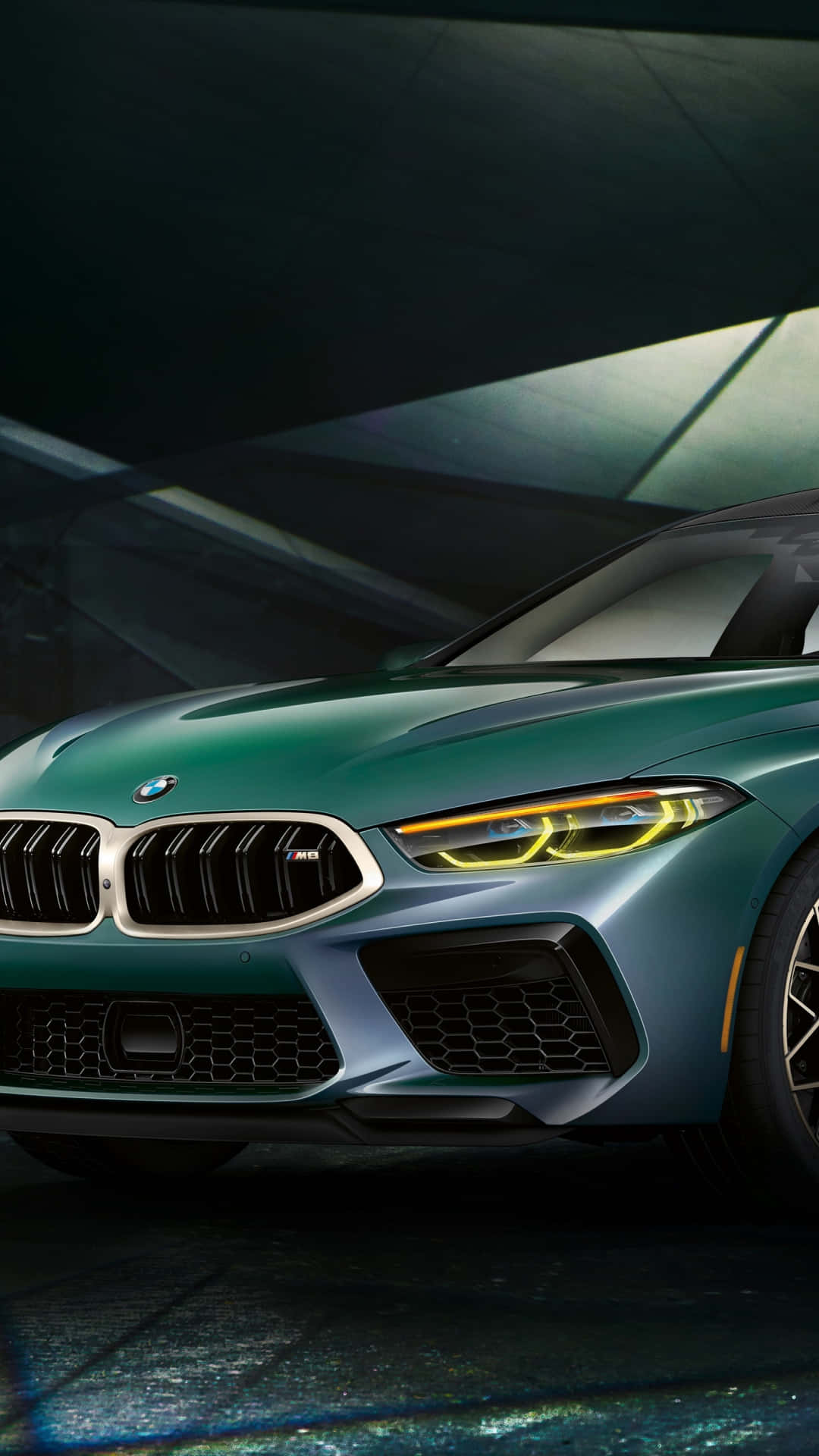 BMW M8, green, glowing headlights, Full HD Phone Wallpaper