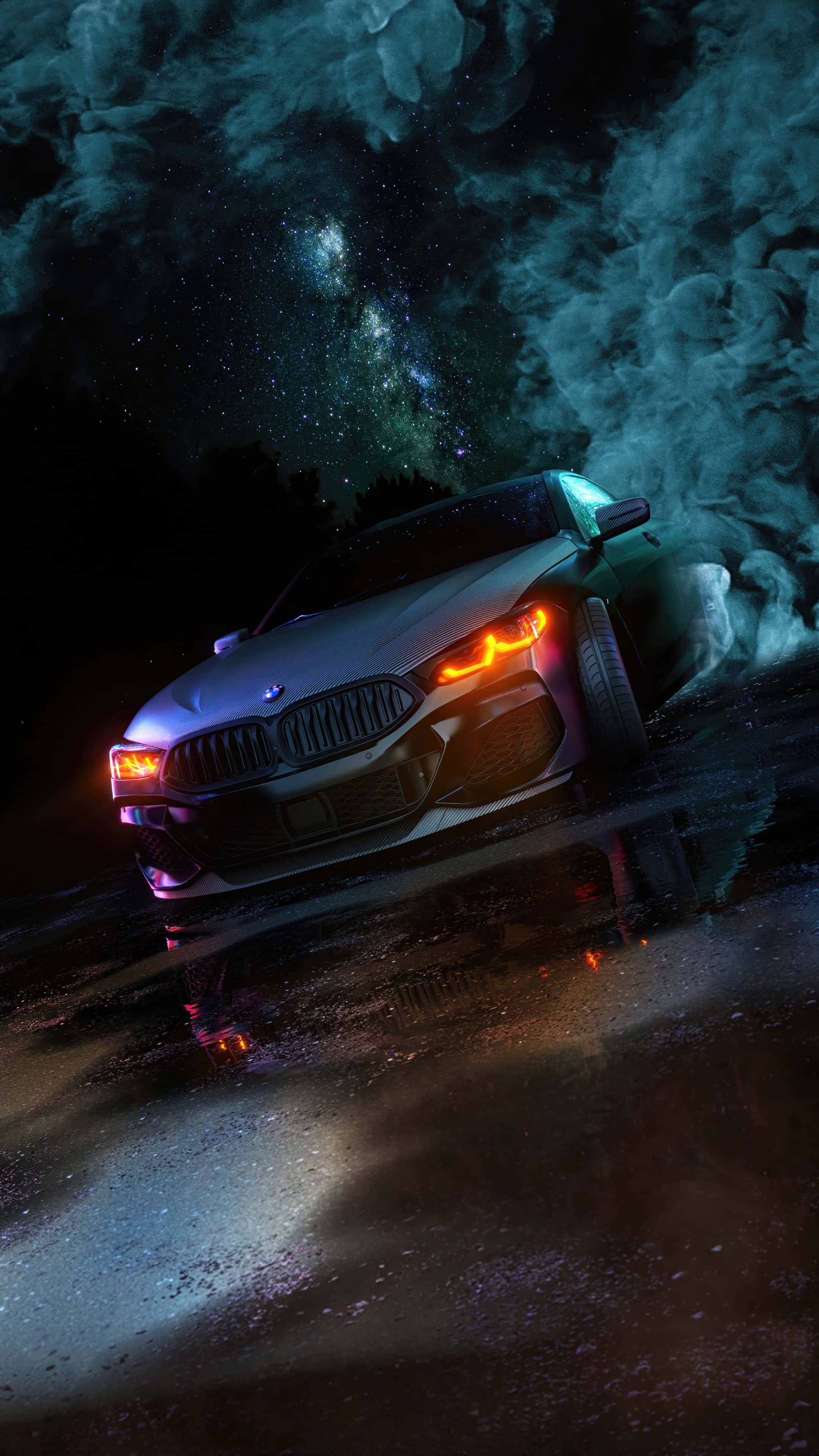BMW M8, silver sports car, glowing orange headlights, 4K Phone Wallpaper