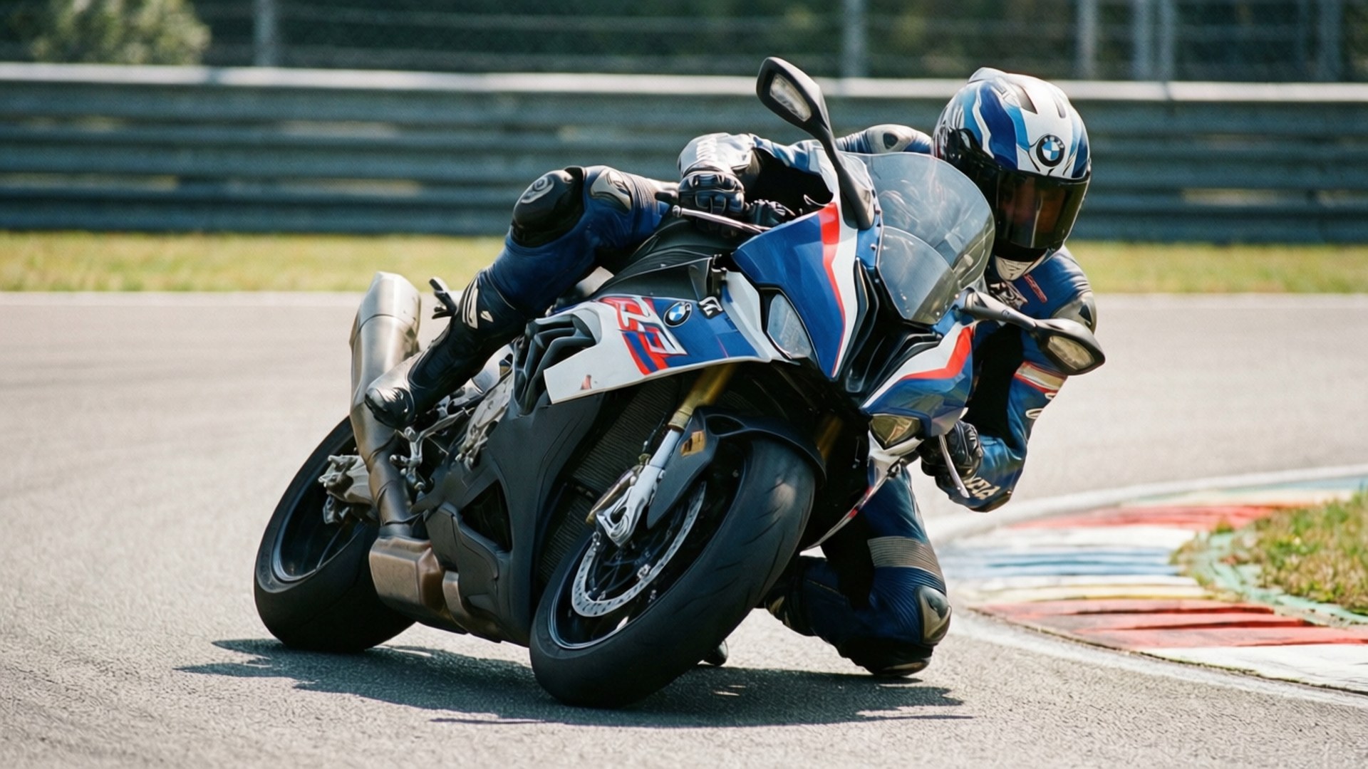BMW S1000RR, racetrack, cornering aggressively, Full HD Desktop Wallpaper