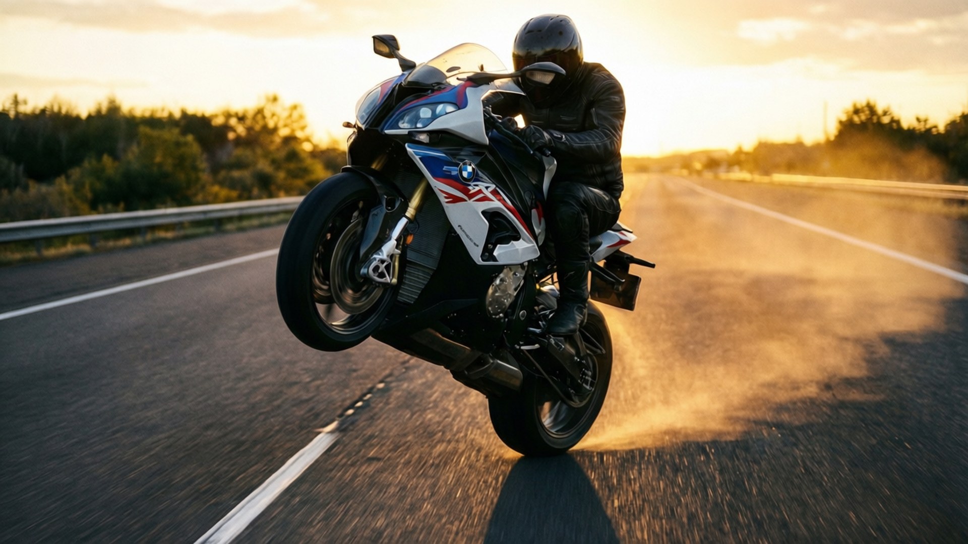 BMW S1000RR, sunset, wheelie, Full HD Desktop Wallpaper