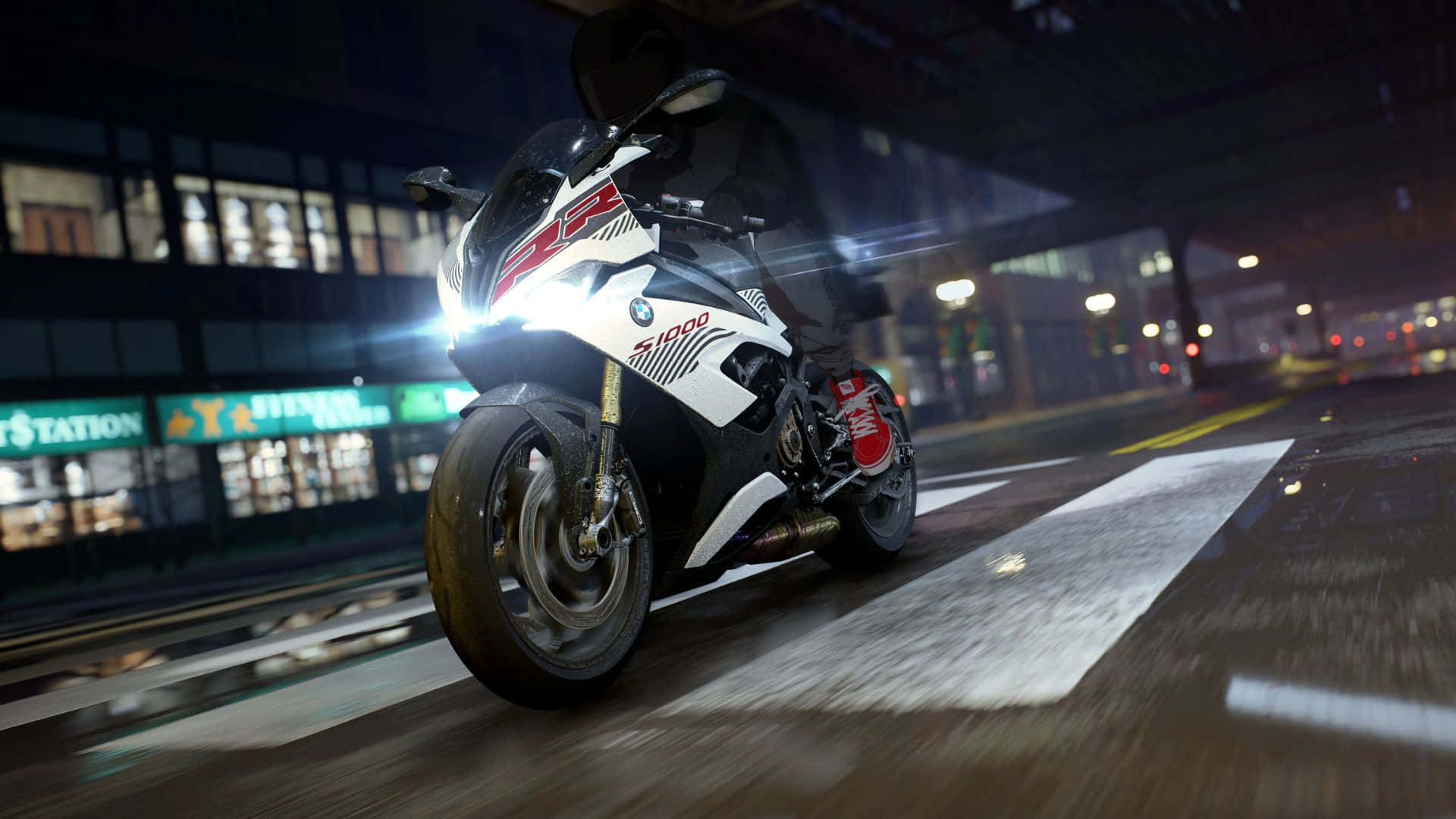 BMW S1000RR, night, rainy city street, Full HD Desktop Wallpaper