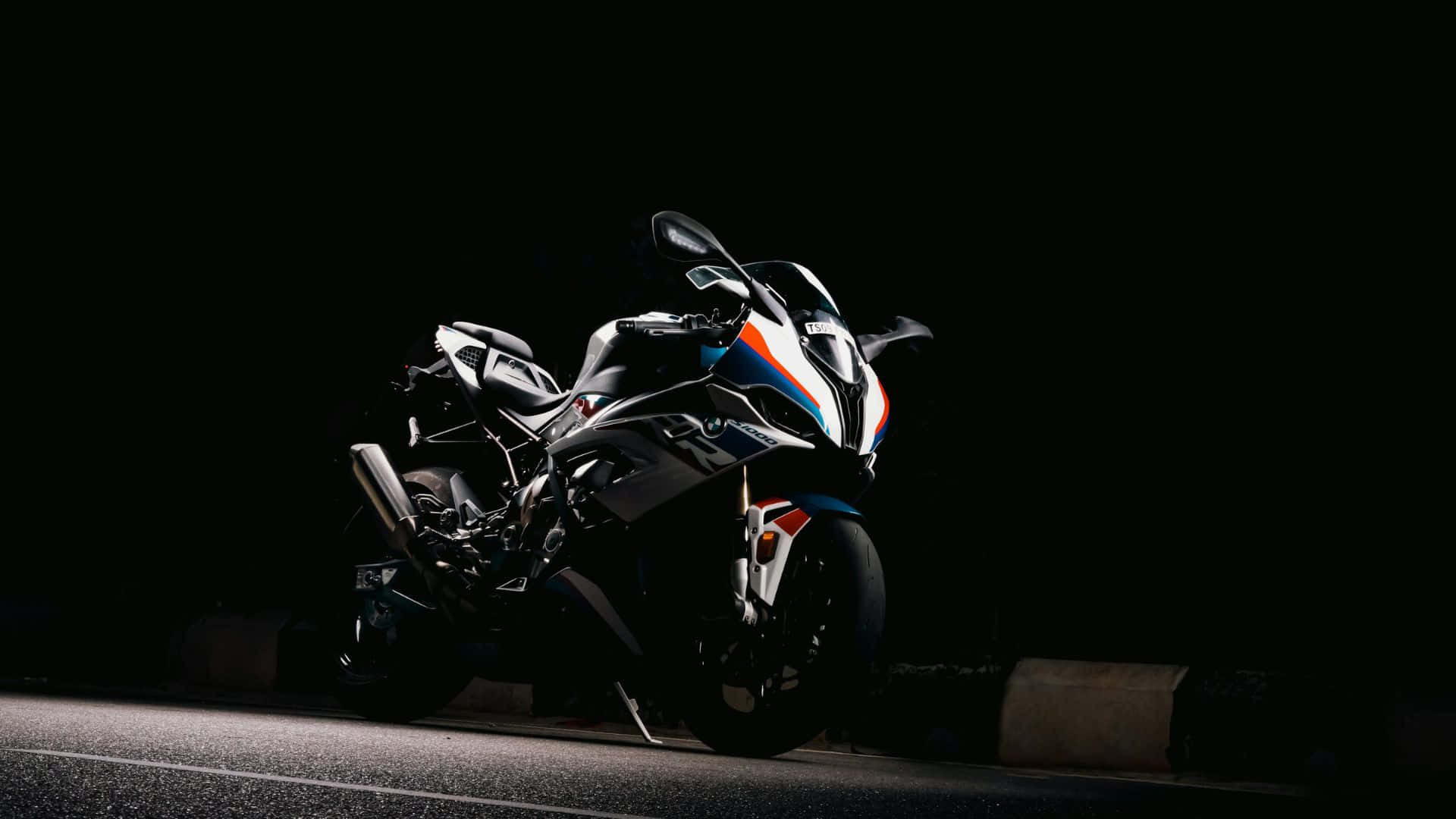 BMW S1000RR, white blue and red accents, dark road, Full HD Desktop Wallpaper