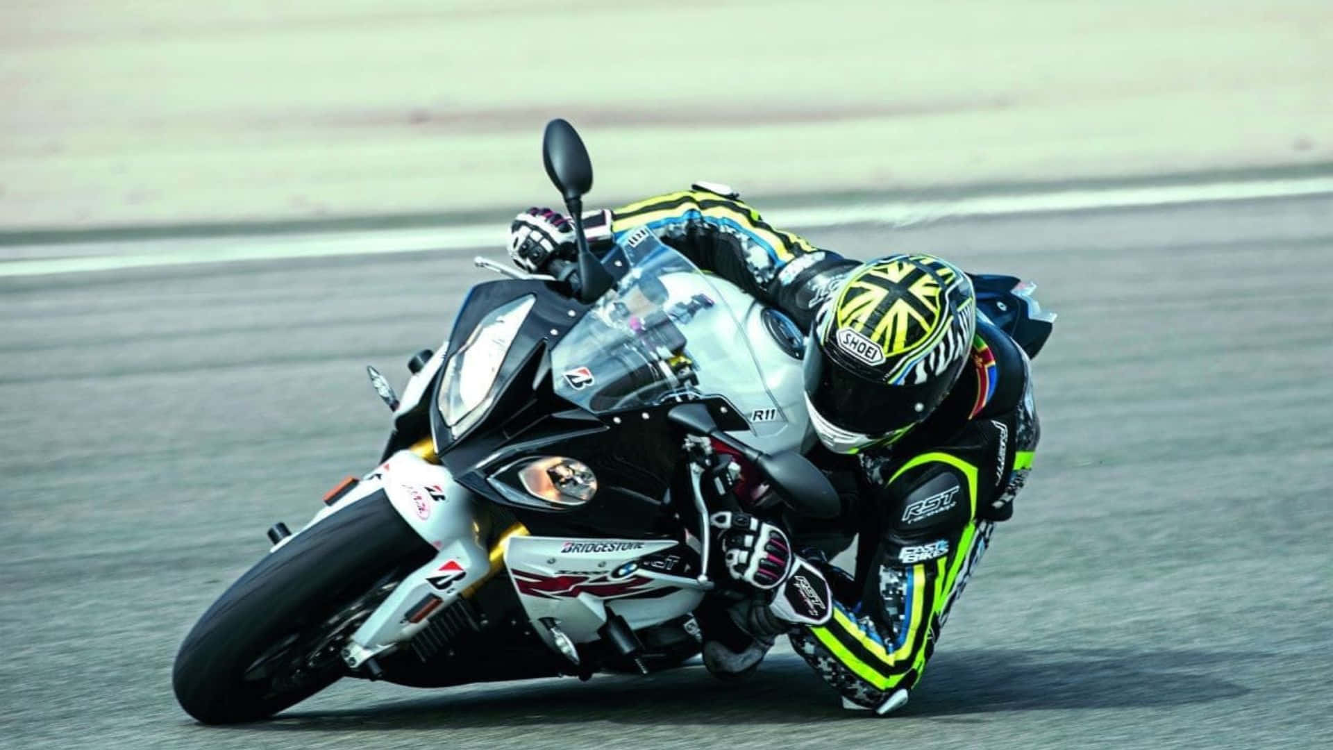 BMW S1000RR, neon gear, sleek black and white sportbike, Full HD Desktop Wallpaper