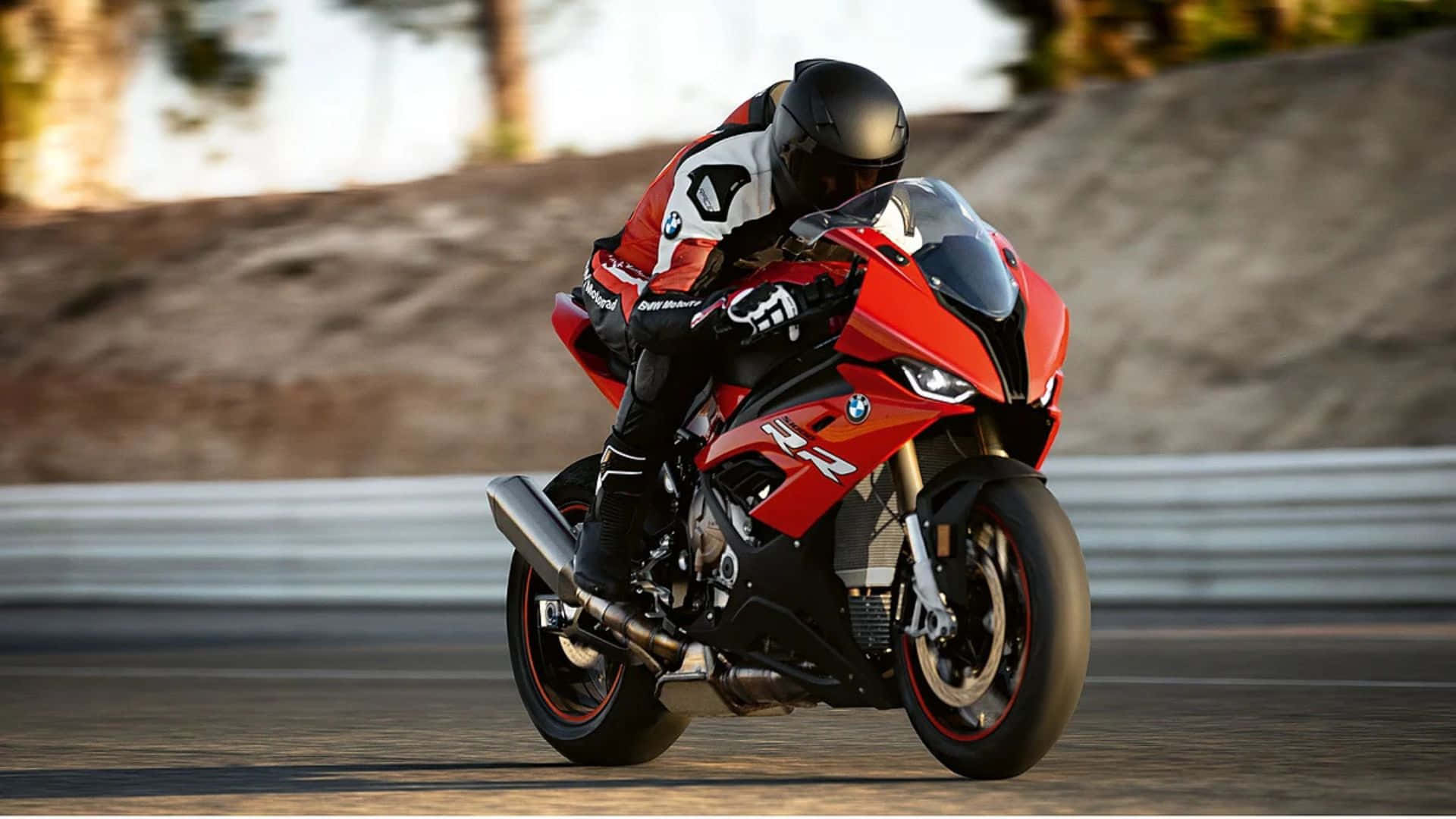 BMW S1000RR, vibrant red, sunlit racetrack, Full HD Desktop Wallpaper