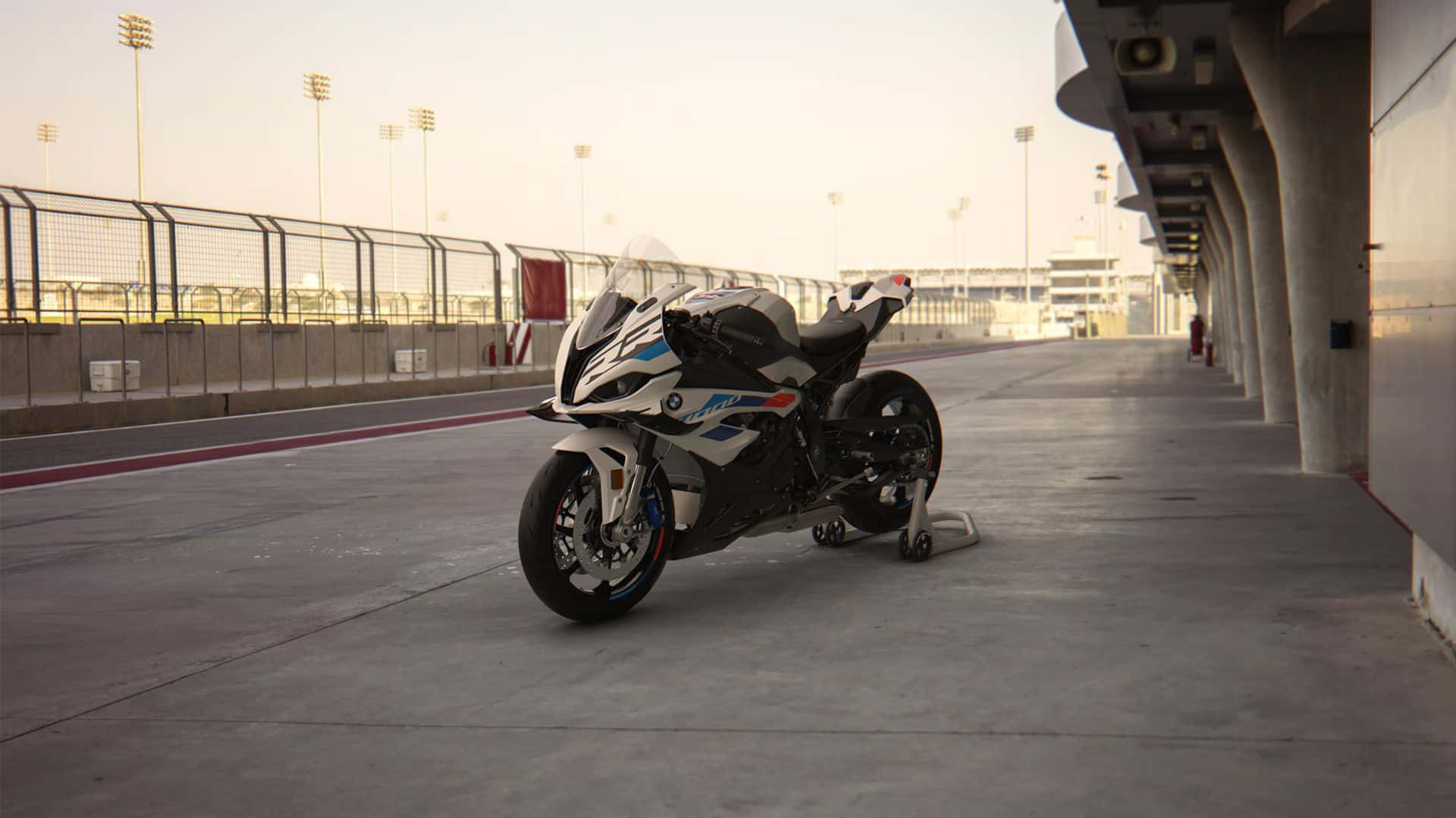 BMW S1000RR, white blue and black, concrete pit lane, Full HD Desktop Wallpaper