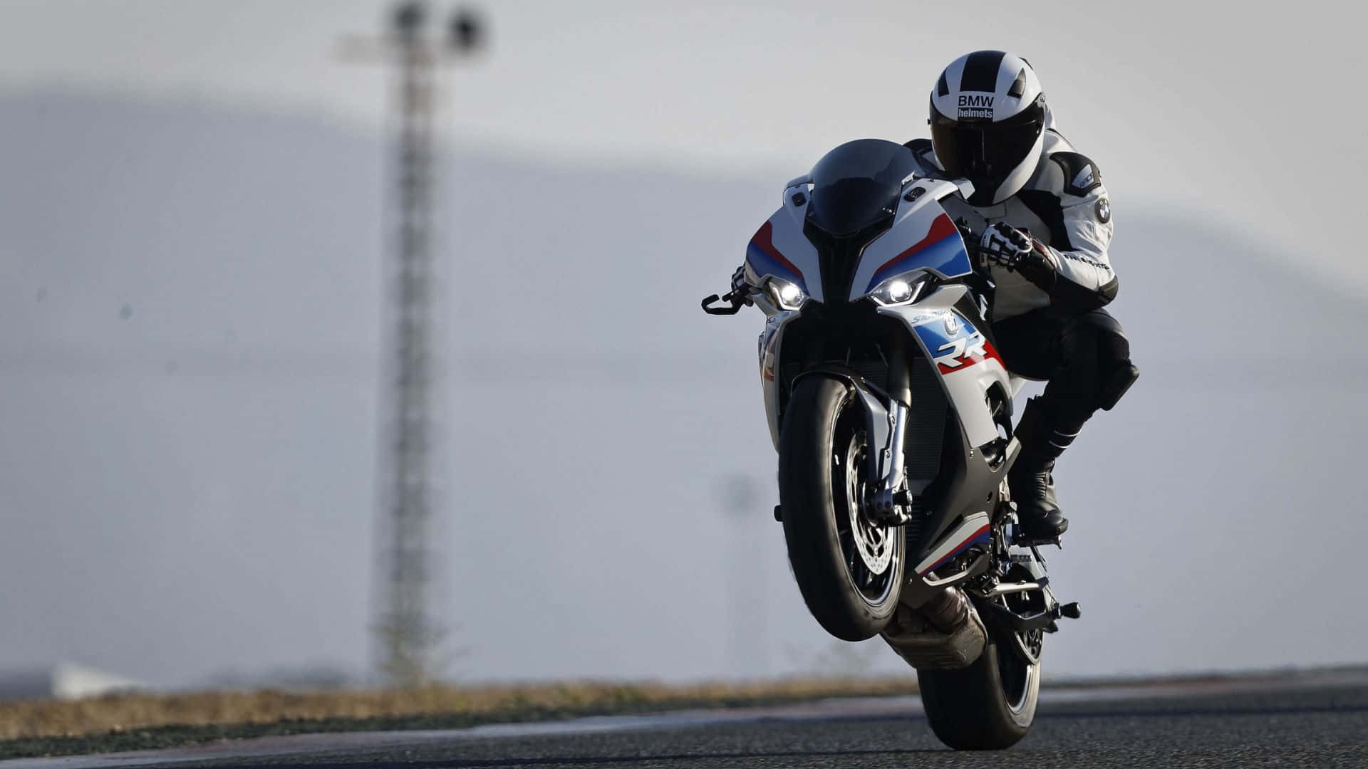 BMW S1000RR, wheelie, white blue and red, Full HD Desktop Wallpaper