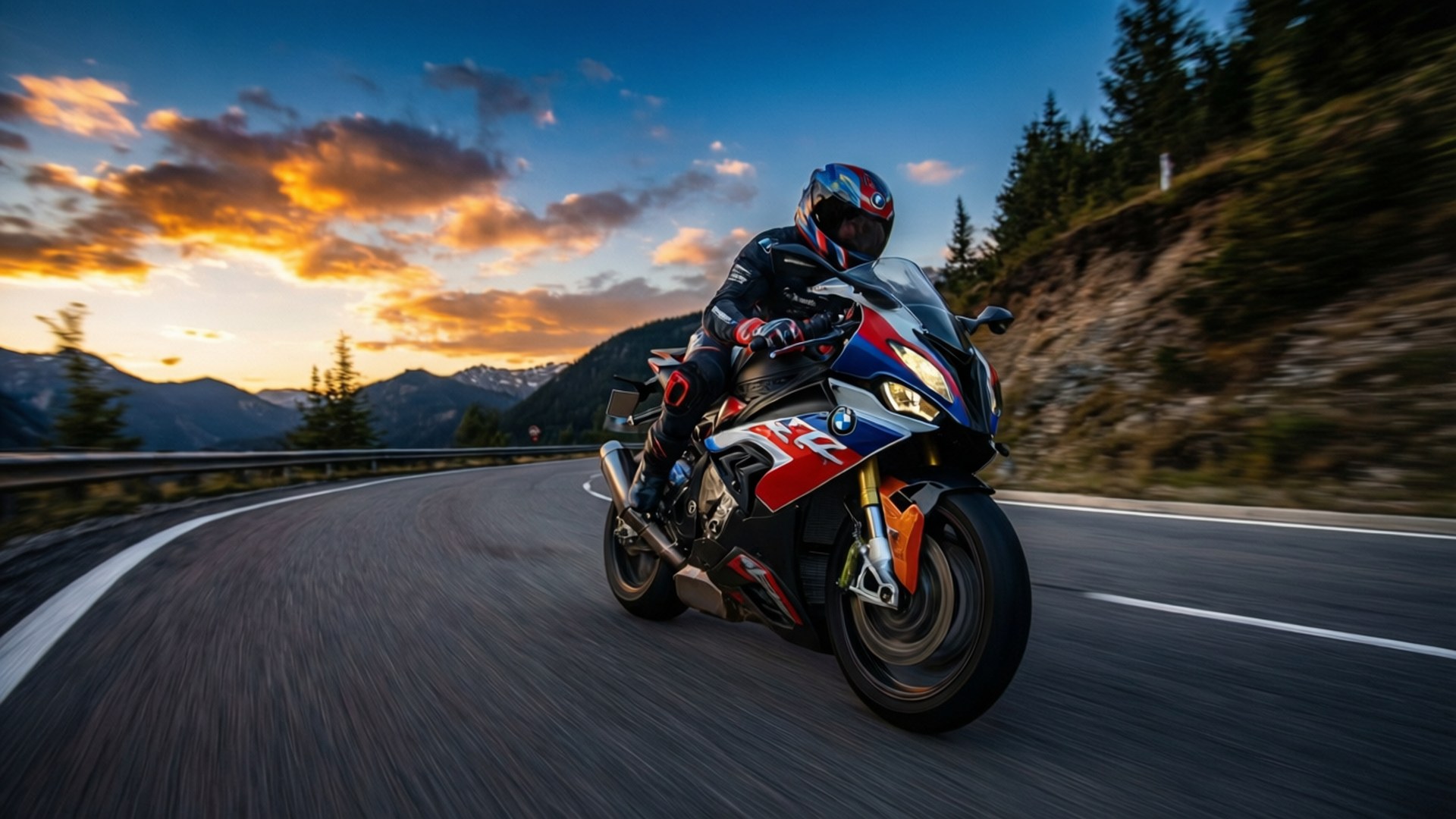 BMW S1000RR, mountain curves, sunset, Full HD Desktop Wallpaper