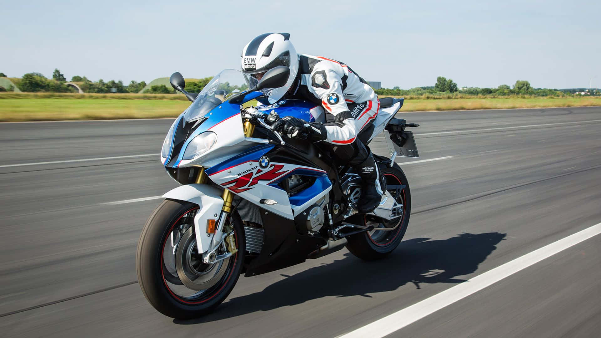 BMW S1000RR, blue white and red, sunlit asphalt road, Full HD Desktop Wallpaper