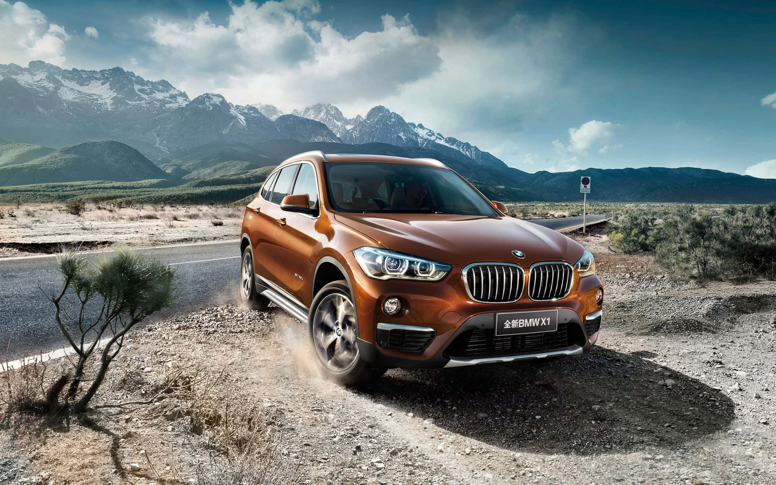 BMW X1, copper, desert road, 2K Desktop Wallpaper