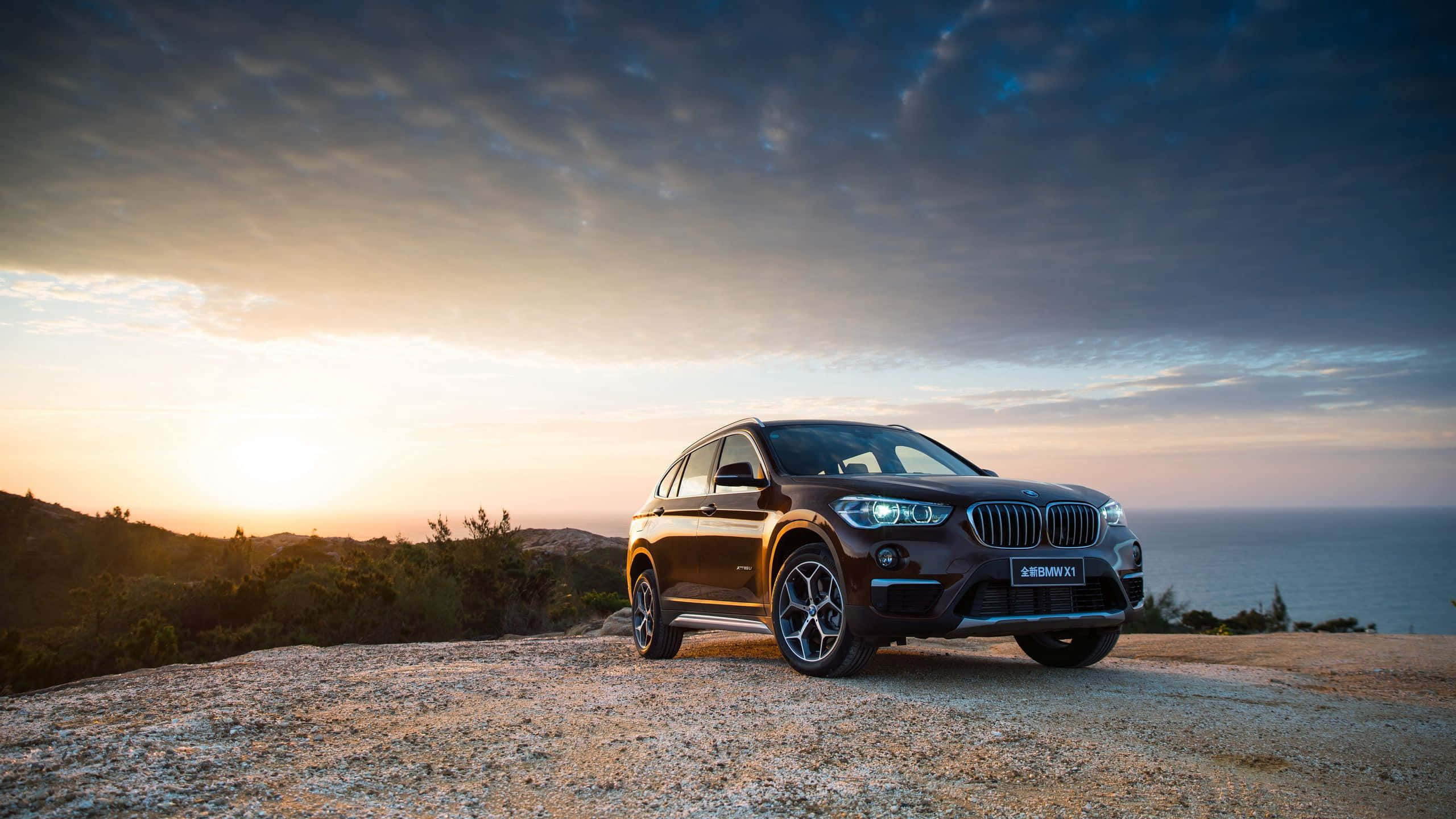 BMW X1, brown, rocky cliff, 2K Desktop Wallpaper