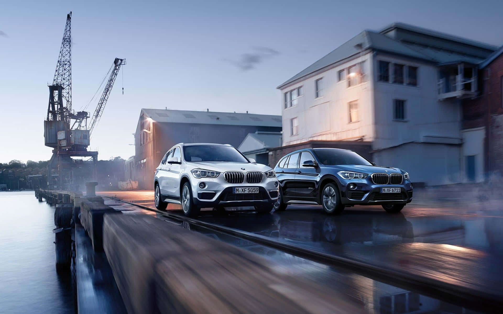 BMW X1, wet dock, twilight, Full HD Desktop Wallpaper