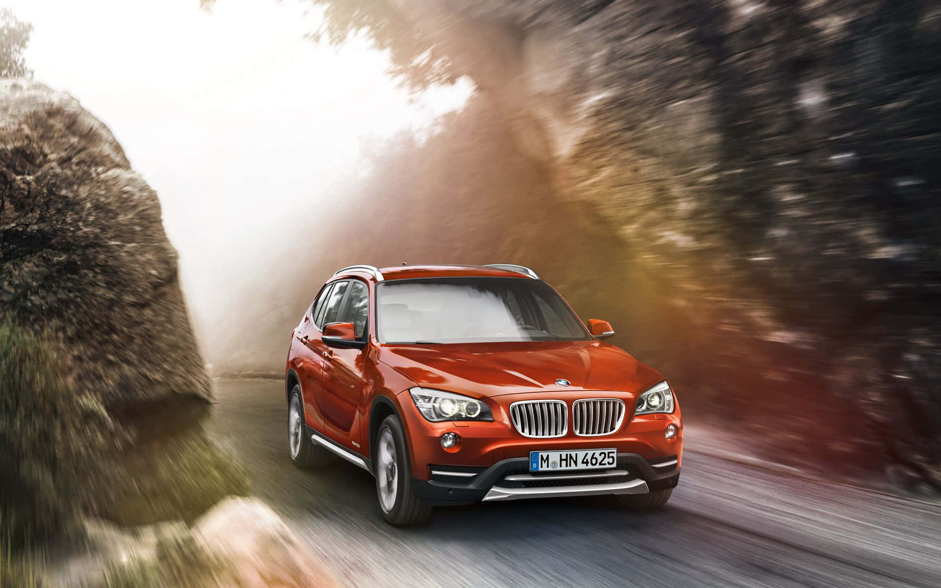 BMW X1, vibrant red, forest road, Full HD Desktop Wallpaper