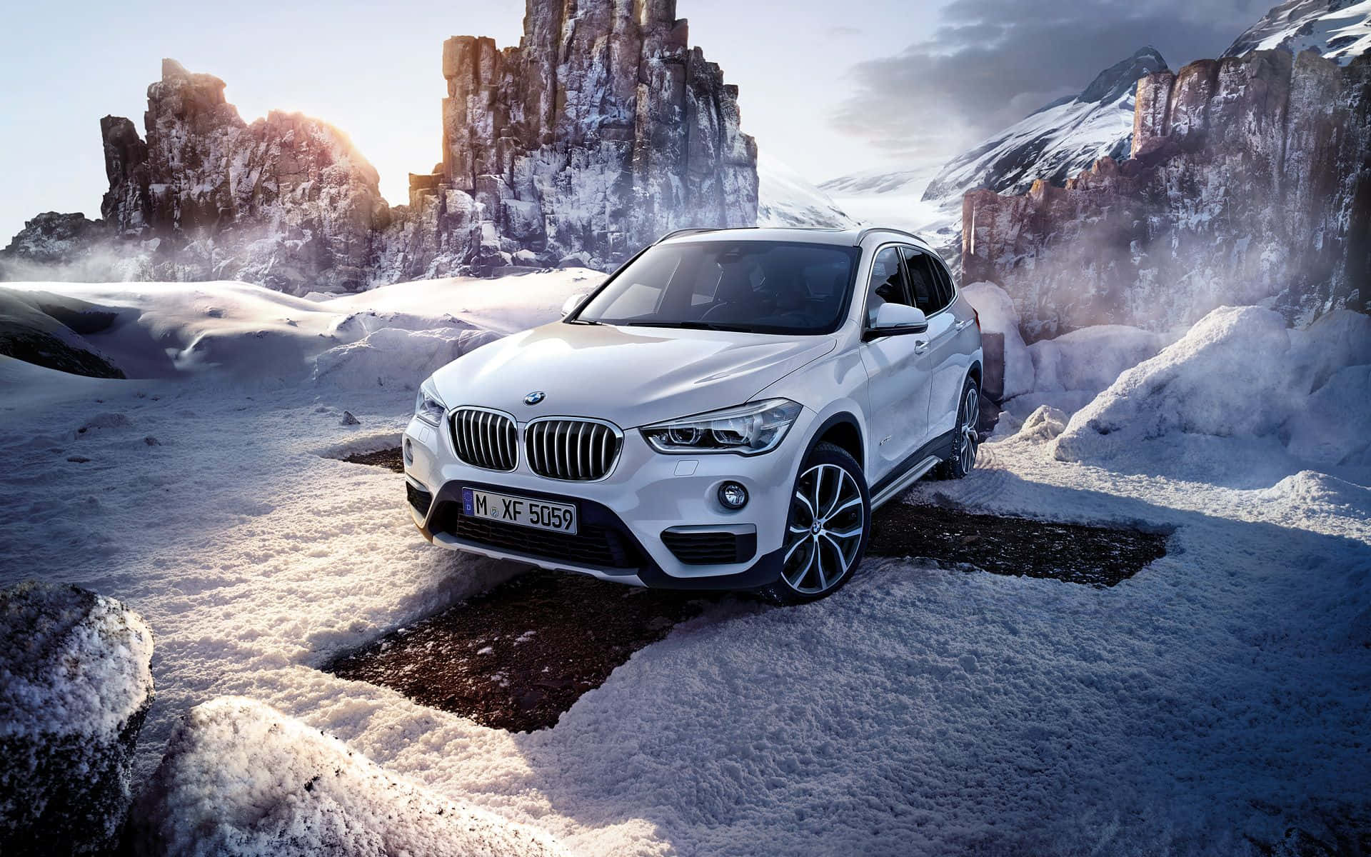 BMW X1, white, snowy mountain pass, Full HD Desktop Wallpaper