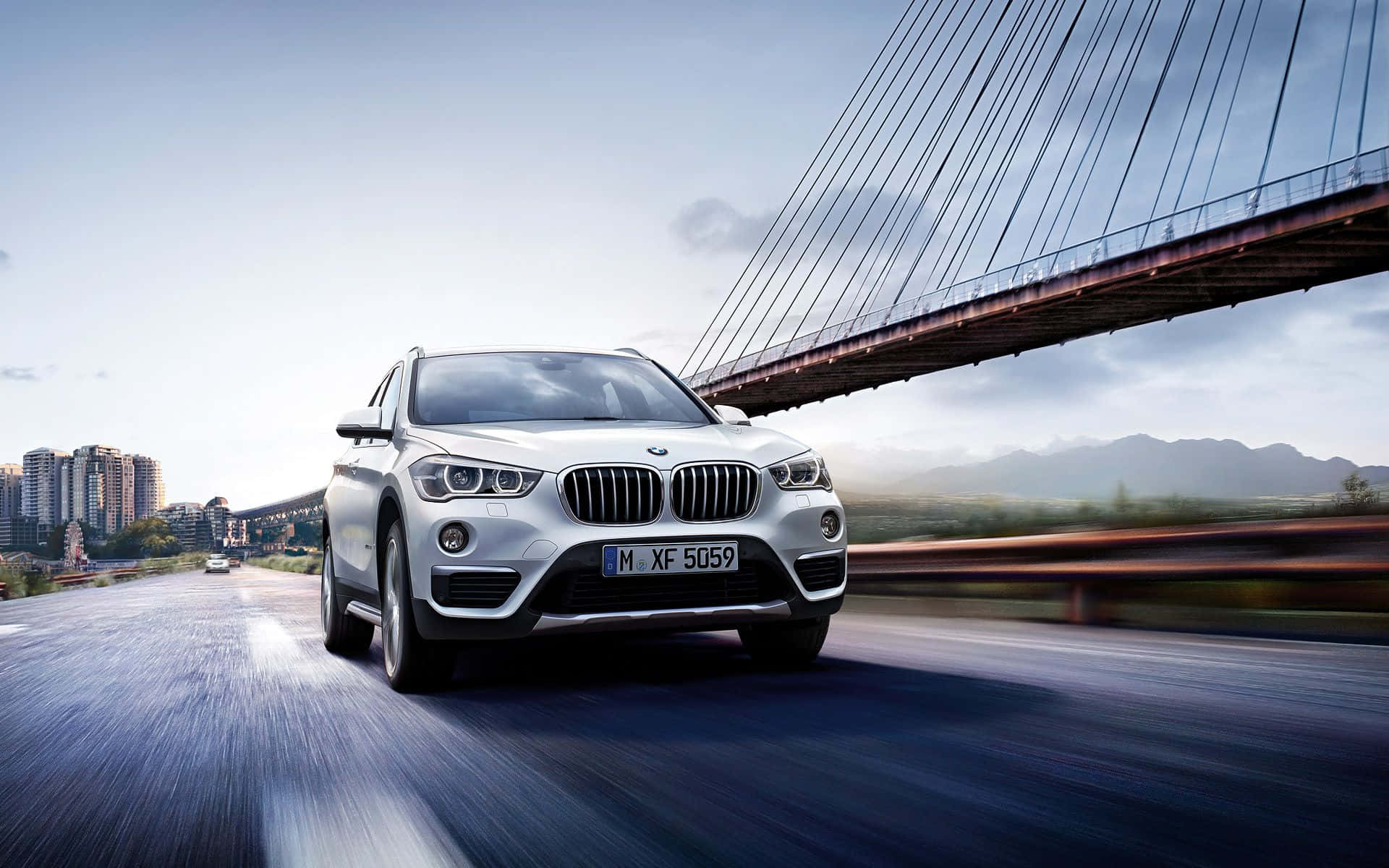 BMW X1, silver, modern cable-stayed bridge, Full HD Desktop Wallpaper