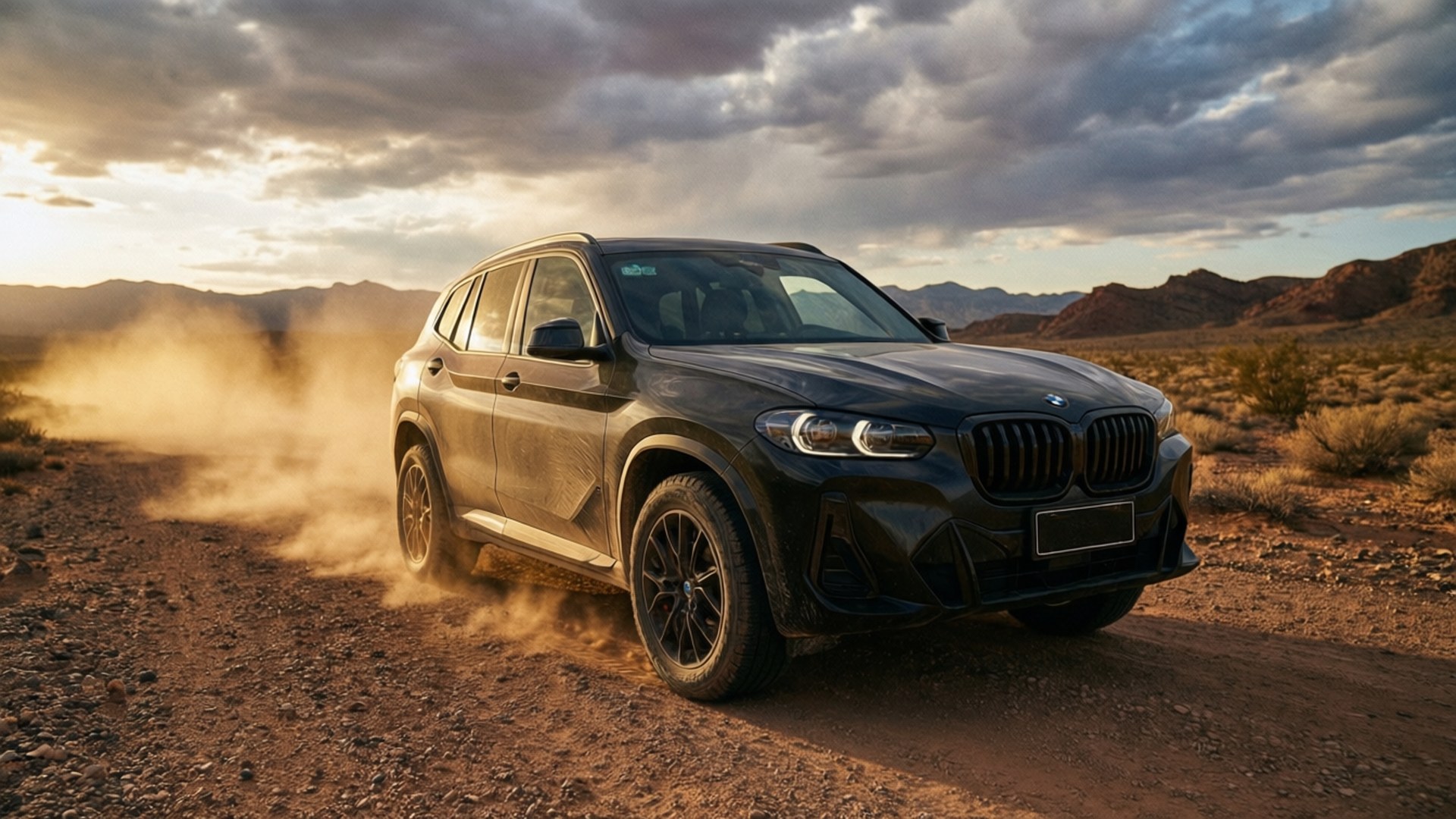 BMW X1, desert road, dust, Full HD Desktop Wallpaper