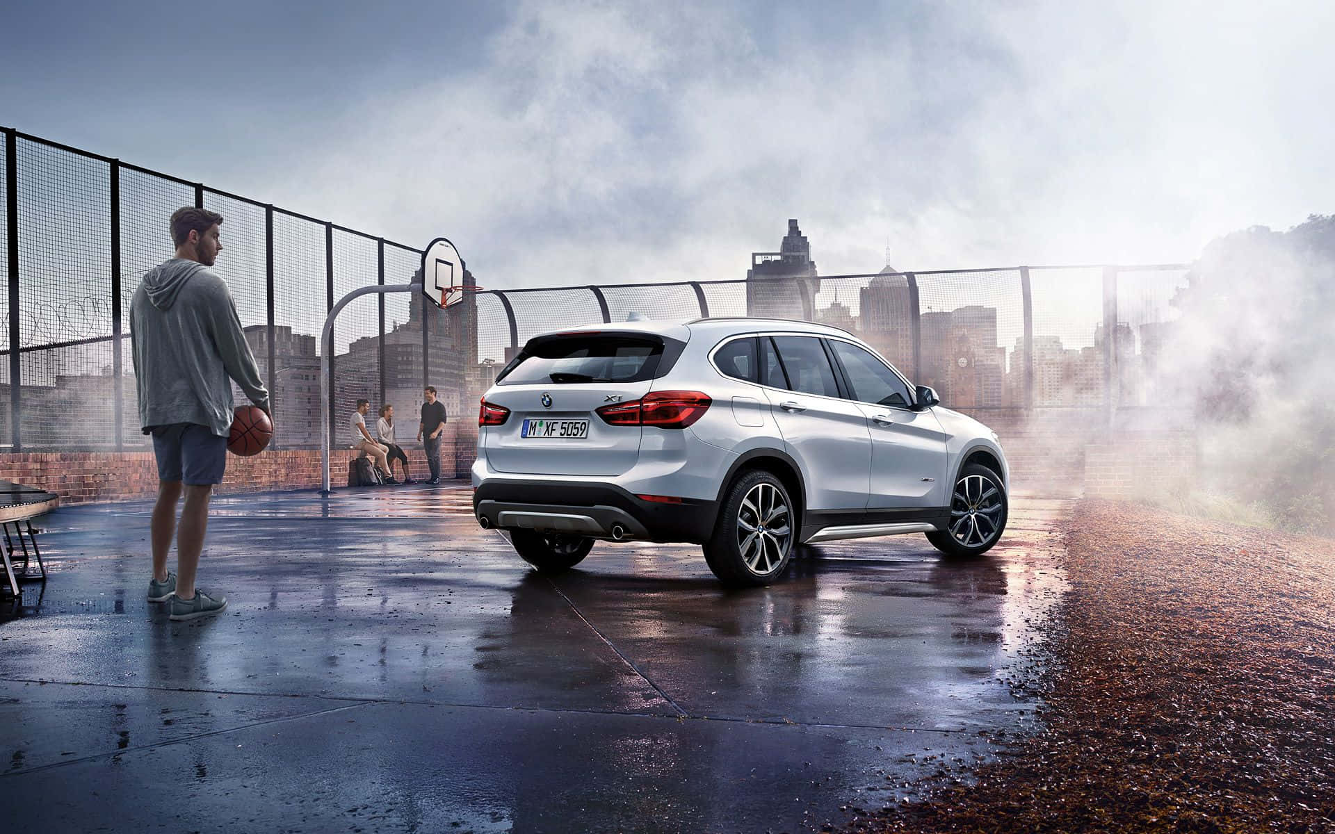 BMW X1, silver, wet urban basketball court, Full HD Desktop Wallpaper