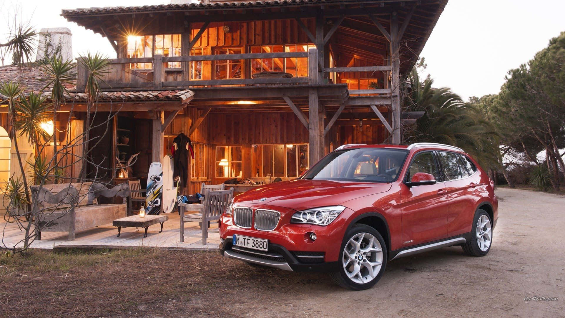 BMW X1, glossy red, wooden cabin, Full HD Desktop Wallpaper