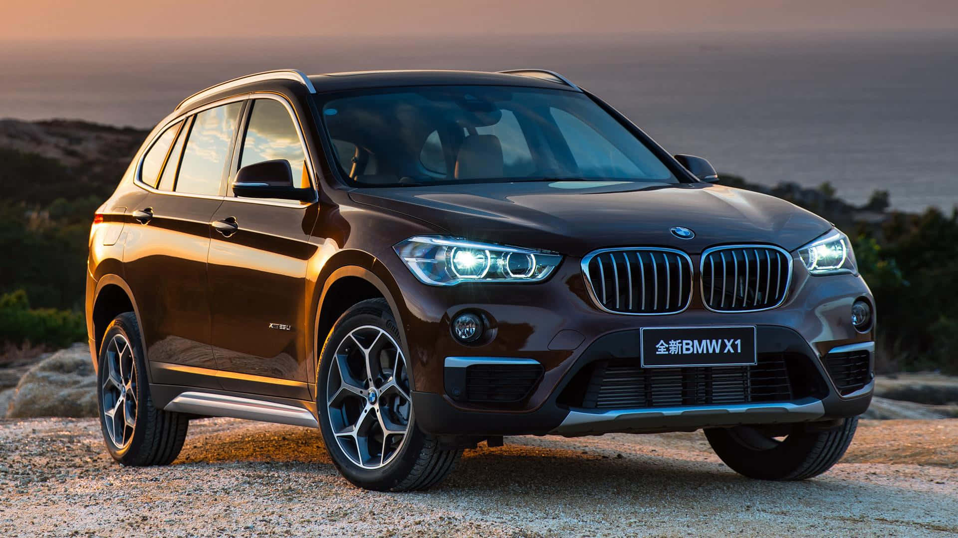 BMW X1, brown, golden sunset, Full HD Desktop Wallpaper