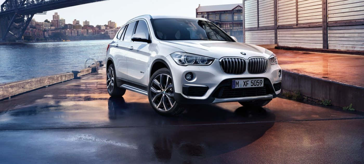 BMW X1, white, wet urban pier, HD Desktop Wallpaper