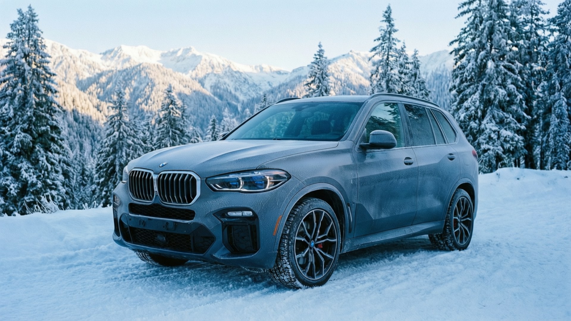 BMW X5, sleek gray, snowy terrain, Full HD Desktop Wallpaper