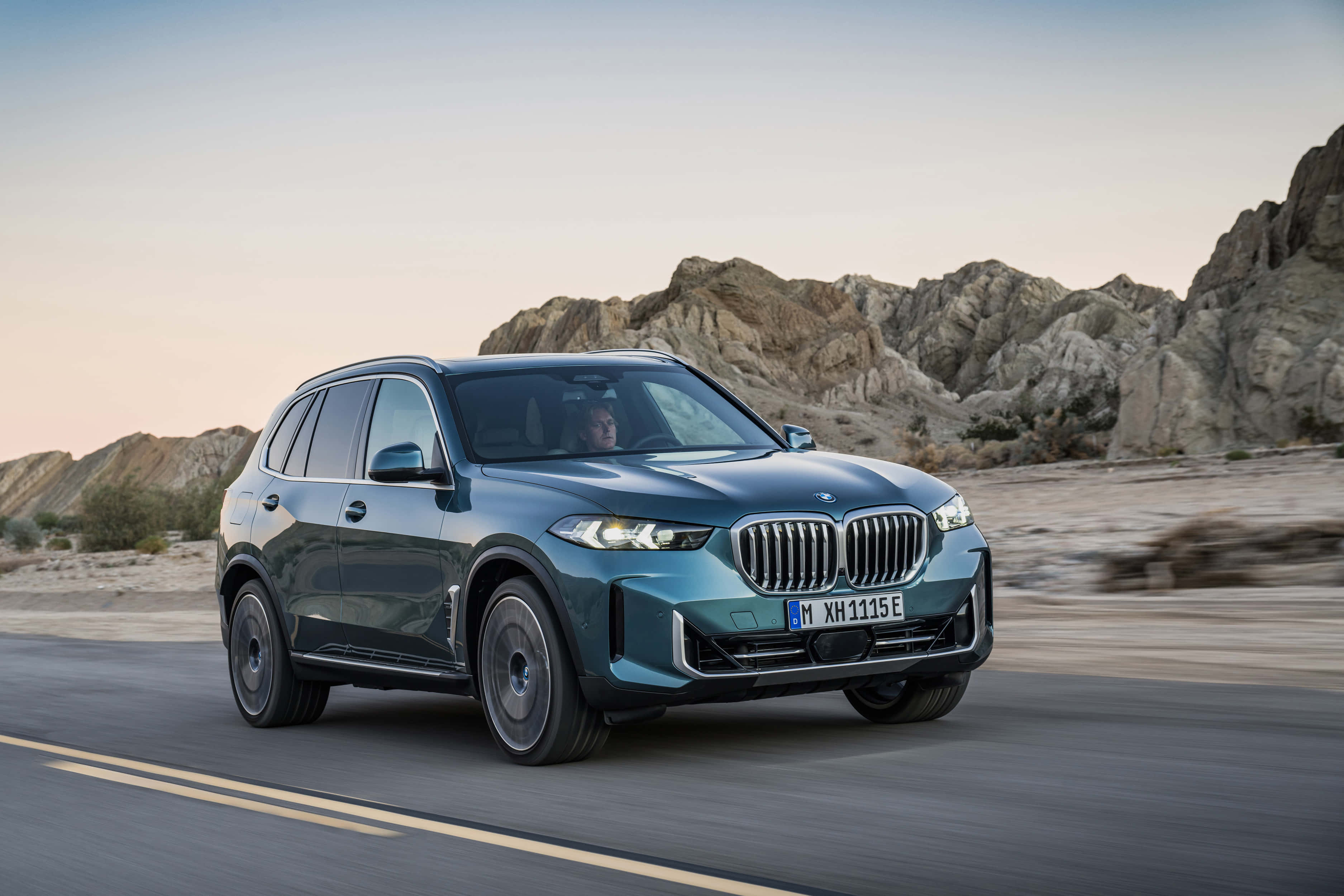 BMW X5, teal, desert road, 2K Desktop Wallpaper