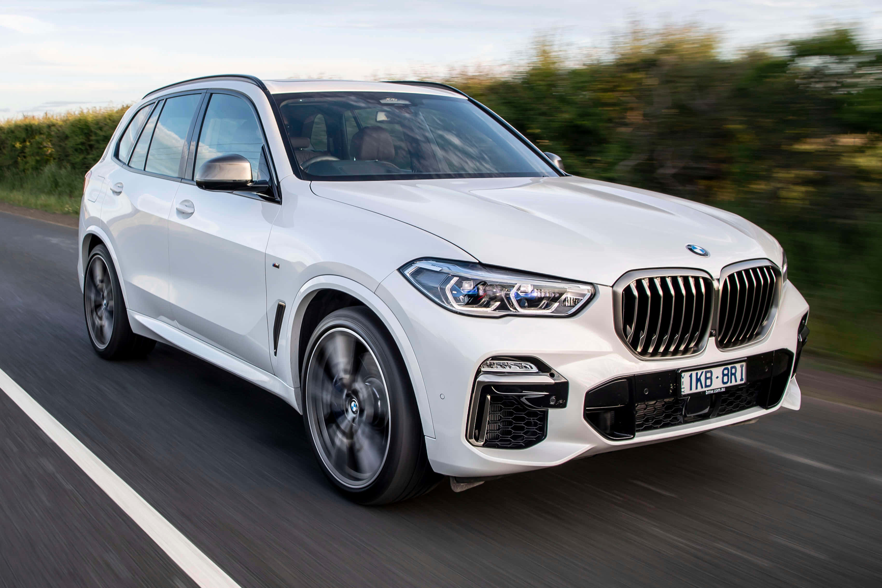 BMW X5, white, rural road, 2K Desktop Wallpaper