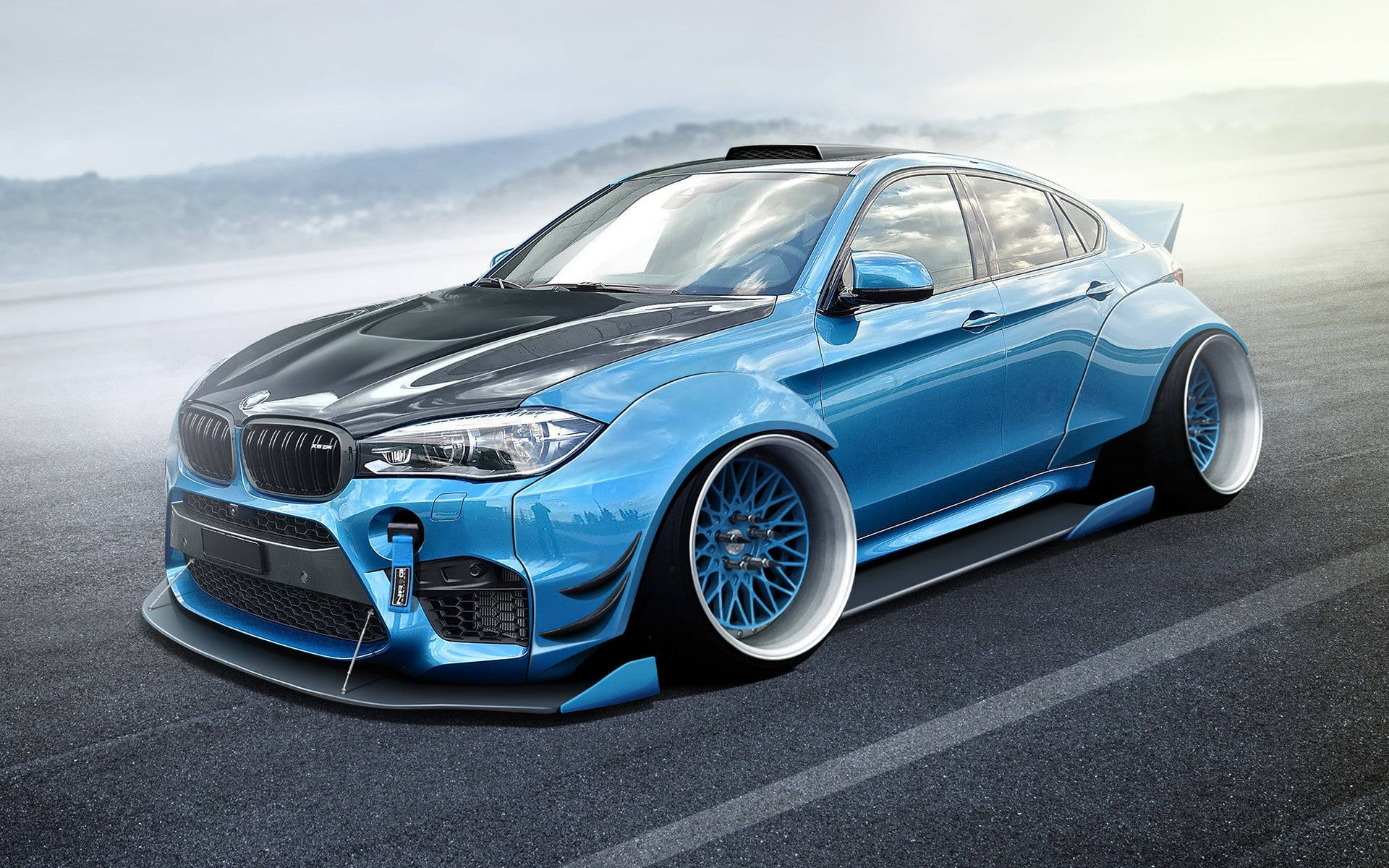 BMW X6 M, Icy Blue, misty asphalt road, Full HD Desktop Wallpaper