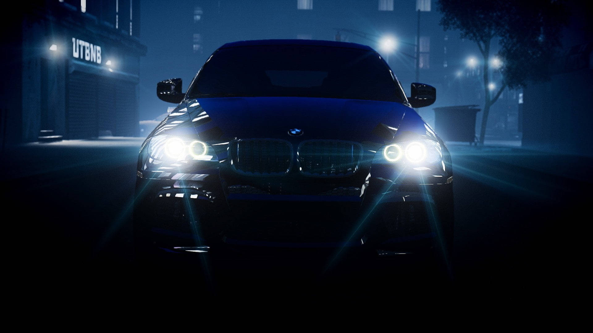 BMW X6 M, black, misty urban street, Full HD Desktop Wallpaper