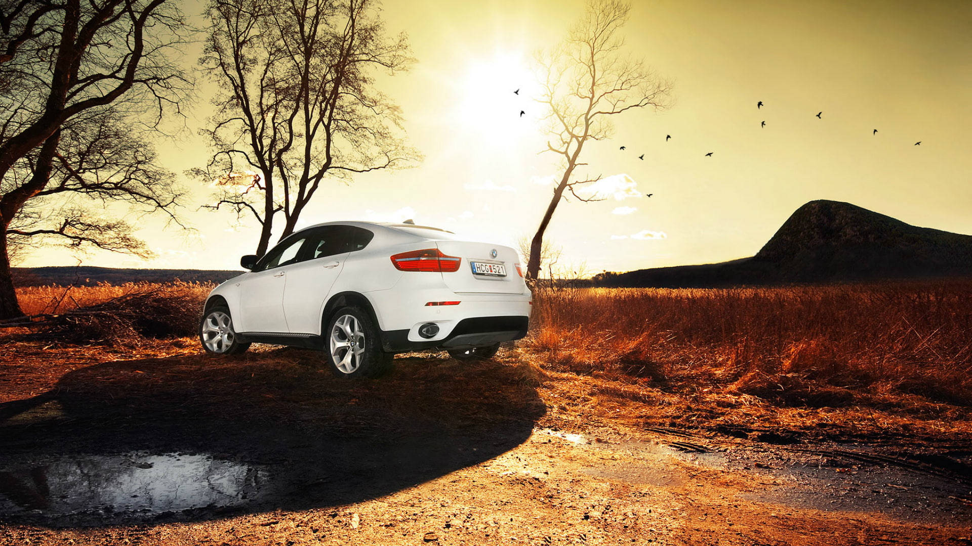 white BMW X6 M, golden sunset, dirt road, Full HD Desktop Wallpaper