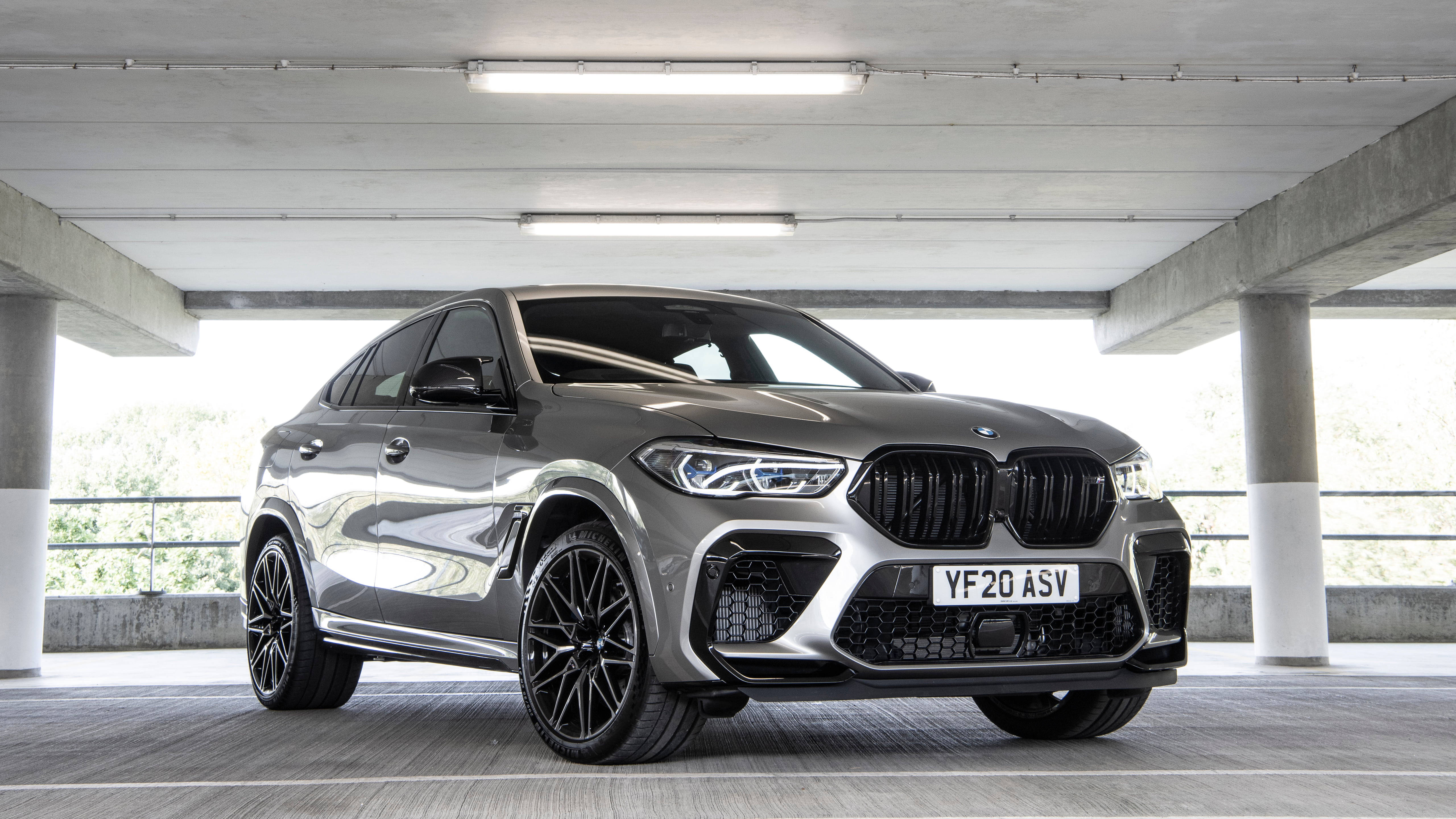 BMW X6 M, silver, concrete parking garage, 5K Desktop Wallpaper