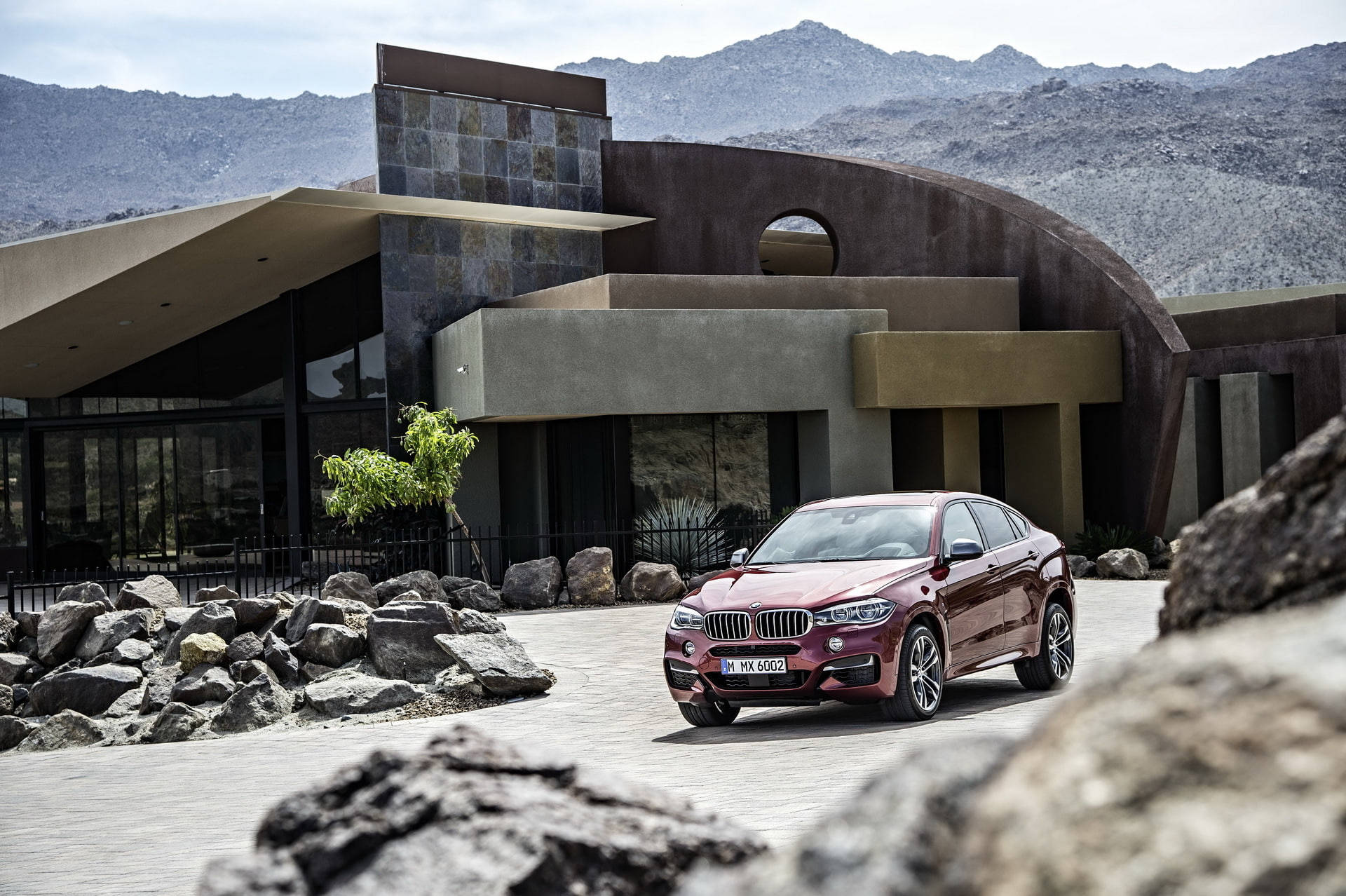 BMW X6 M, maroon, stone house, Full HD Desktop Wallpaper