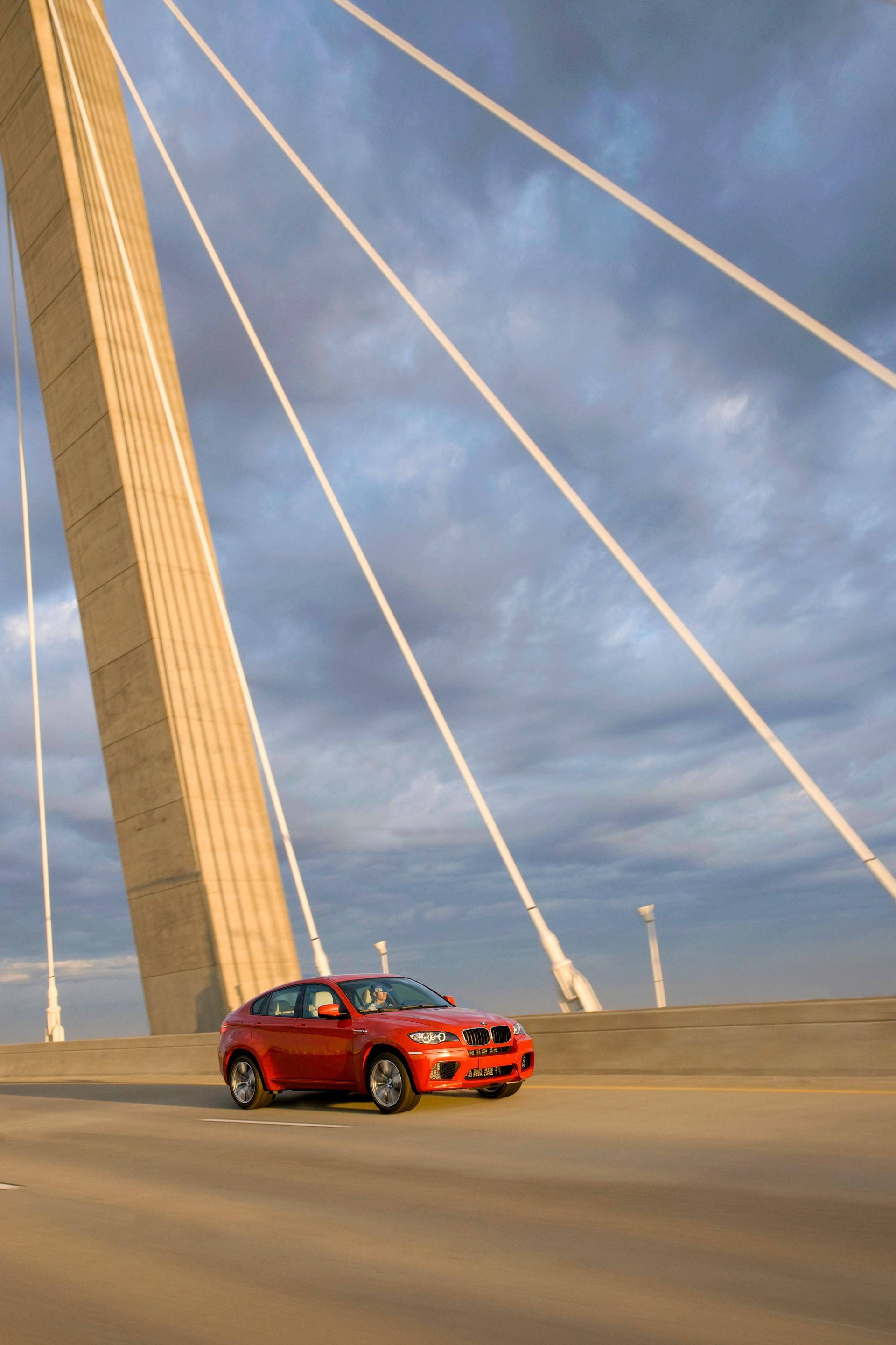 BMW X6 M, road bridge, cable-stayed bridge, 2K Phone Wallpaper