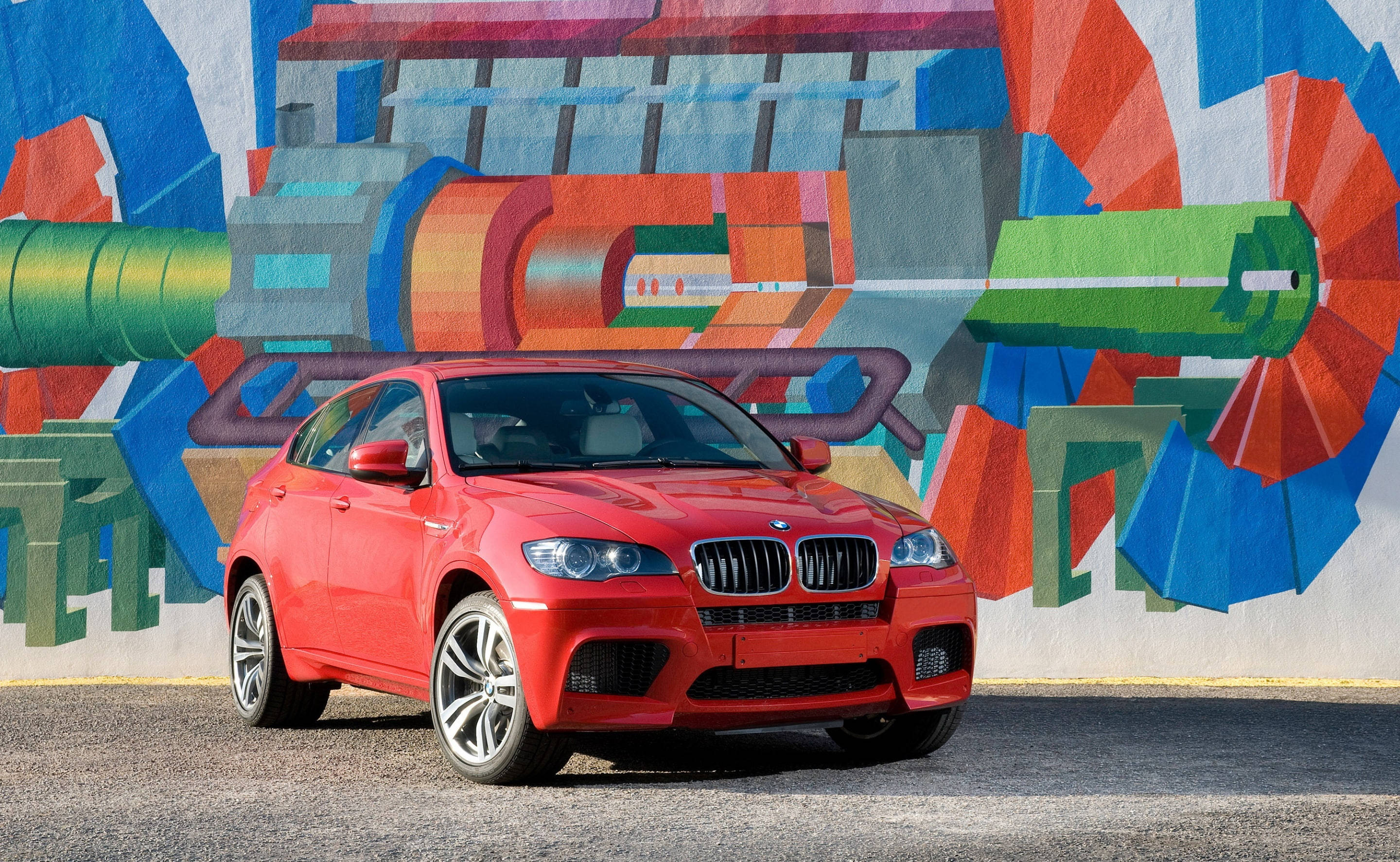 BMW X6 M, vibrant red, colorful abstract mural, 2K Desktop Wallpaper