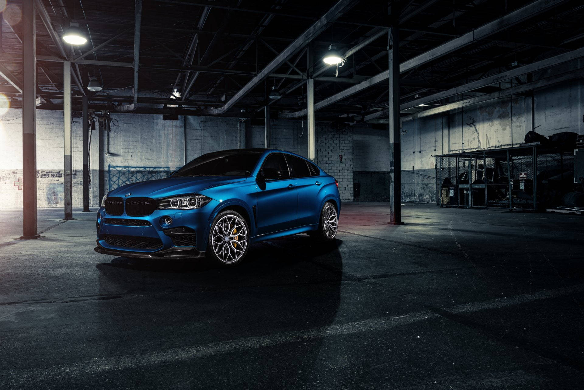 BMW X6 M, glossy blue, dimly lit industrial garage, Full HD Desktop Wallpaper