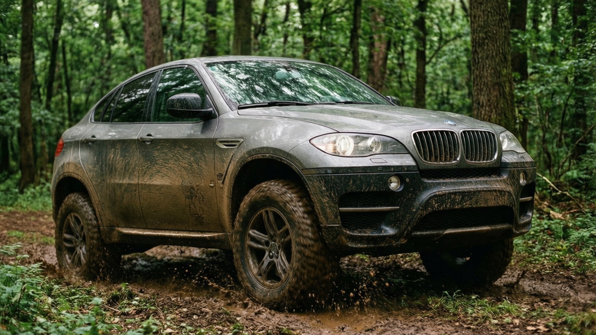 BMW X6, muddy forest, earthy green tones, Full HD Desktop Wallpaper