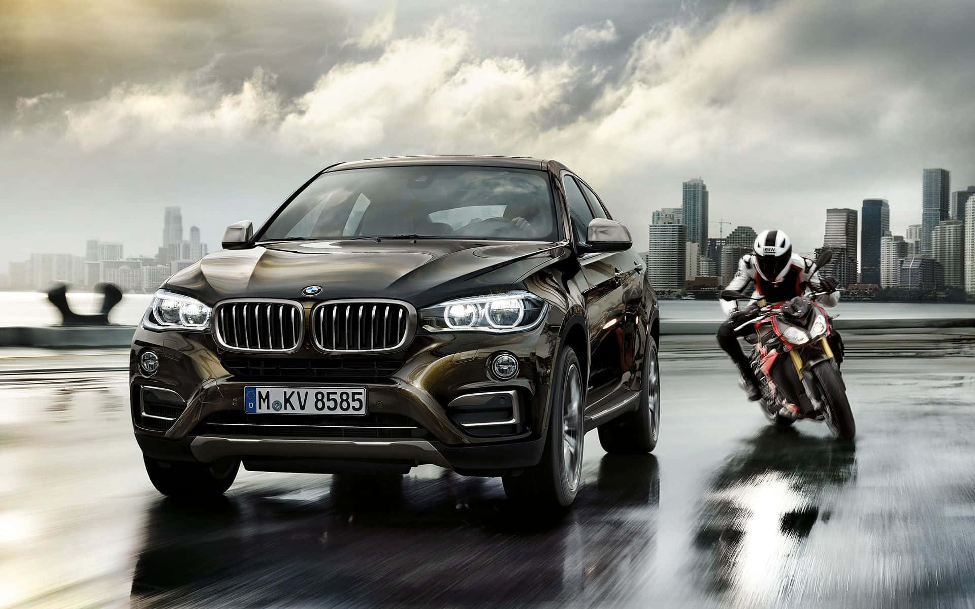 BMW X6, sleek black, red motorcycle, Full HD Desktop Wallpaper
