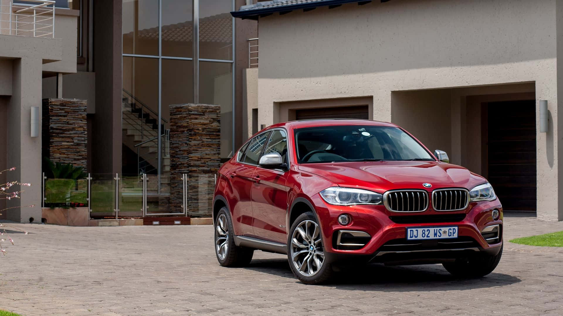 BMW X6, glossy red, stone driveway, Full HD Desktop Wallpaper