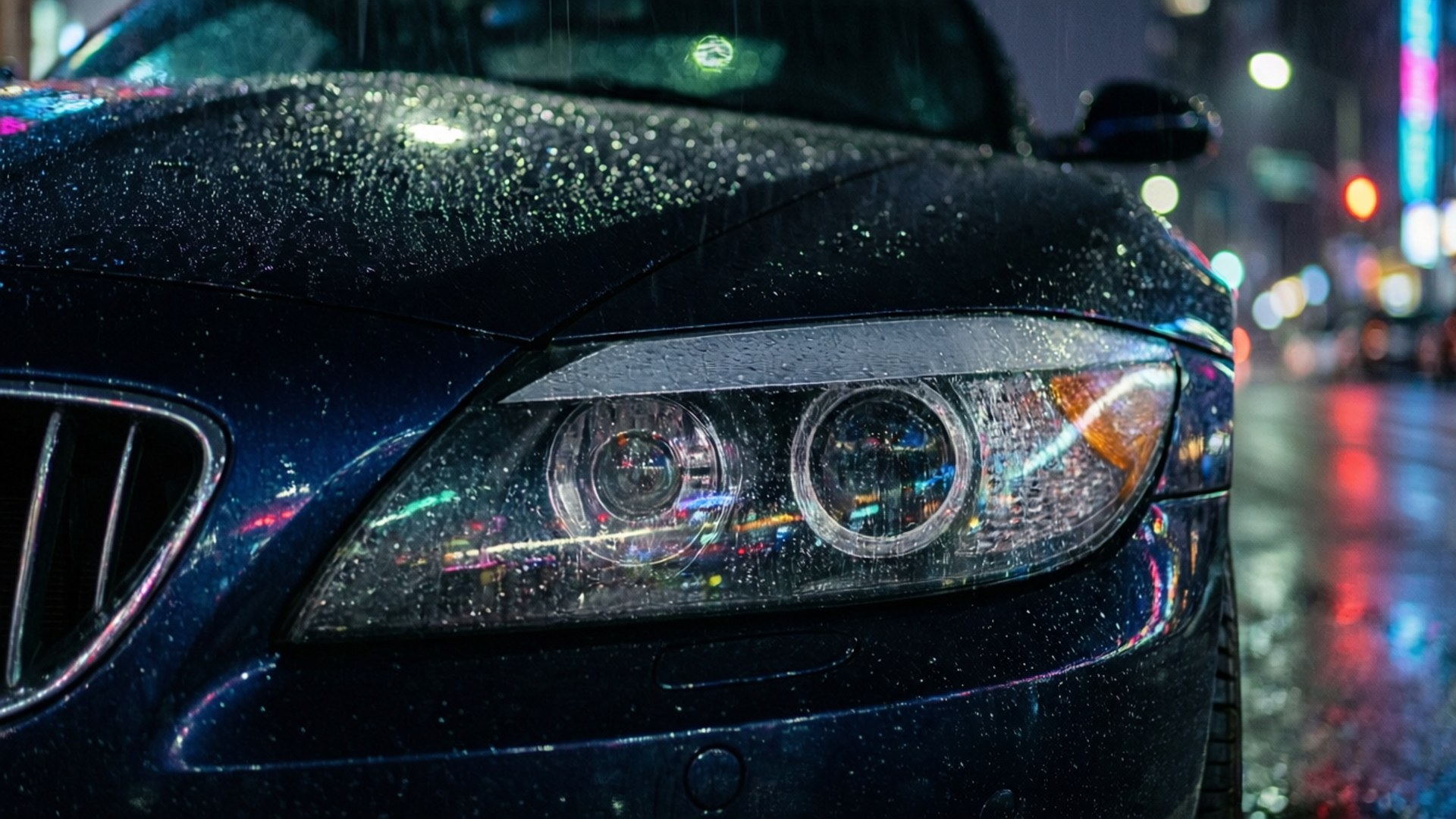 BMW Z4, headlights, rainy, Full HD Desktop Wallpaper