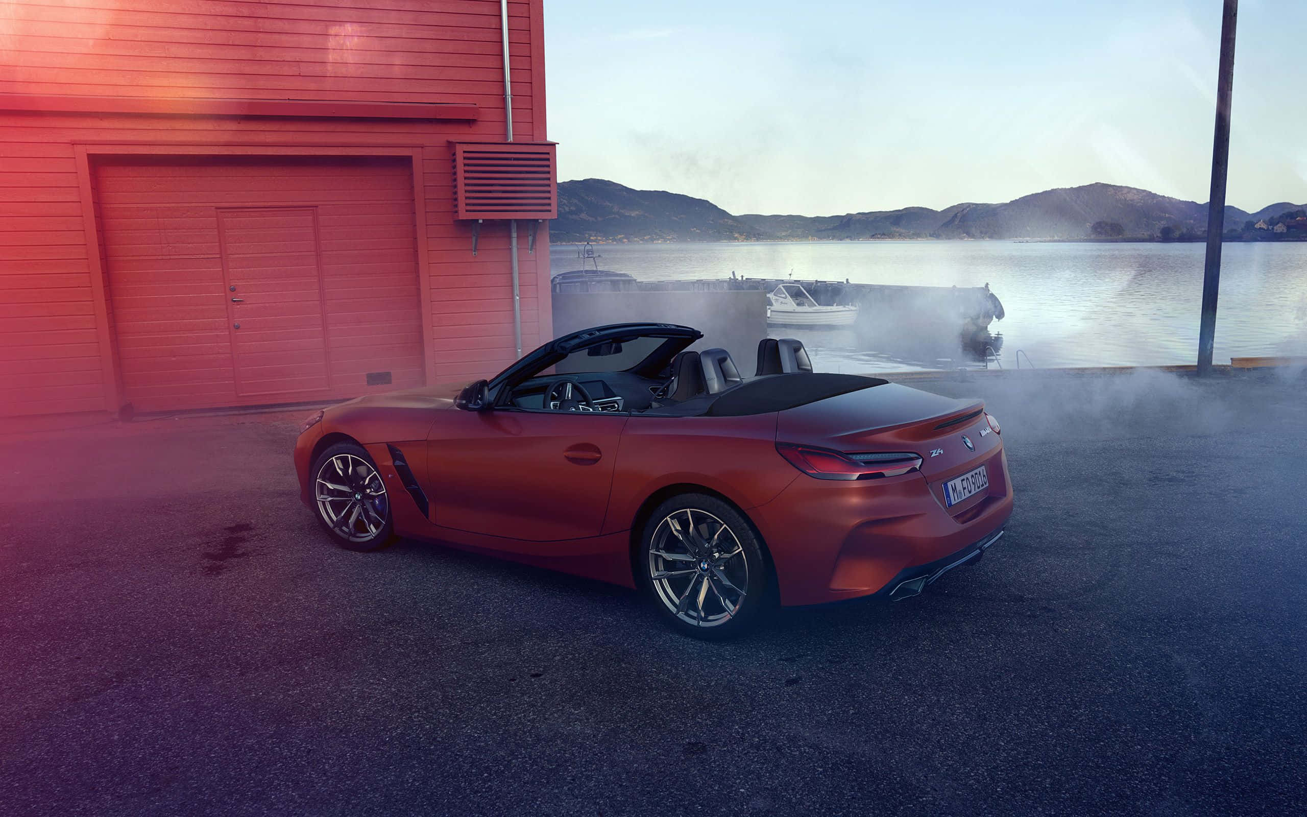 BMW Z4, red convertible sports car, red garage, 2K Desktop Wallpaper