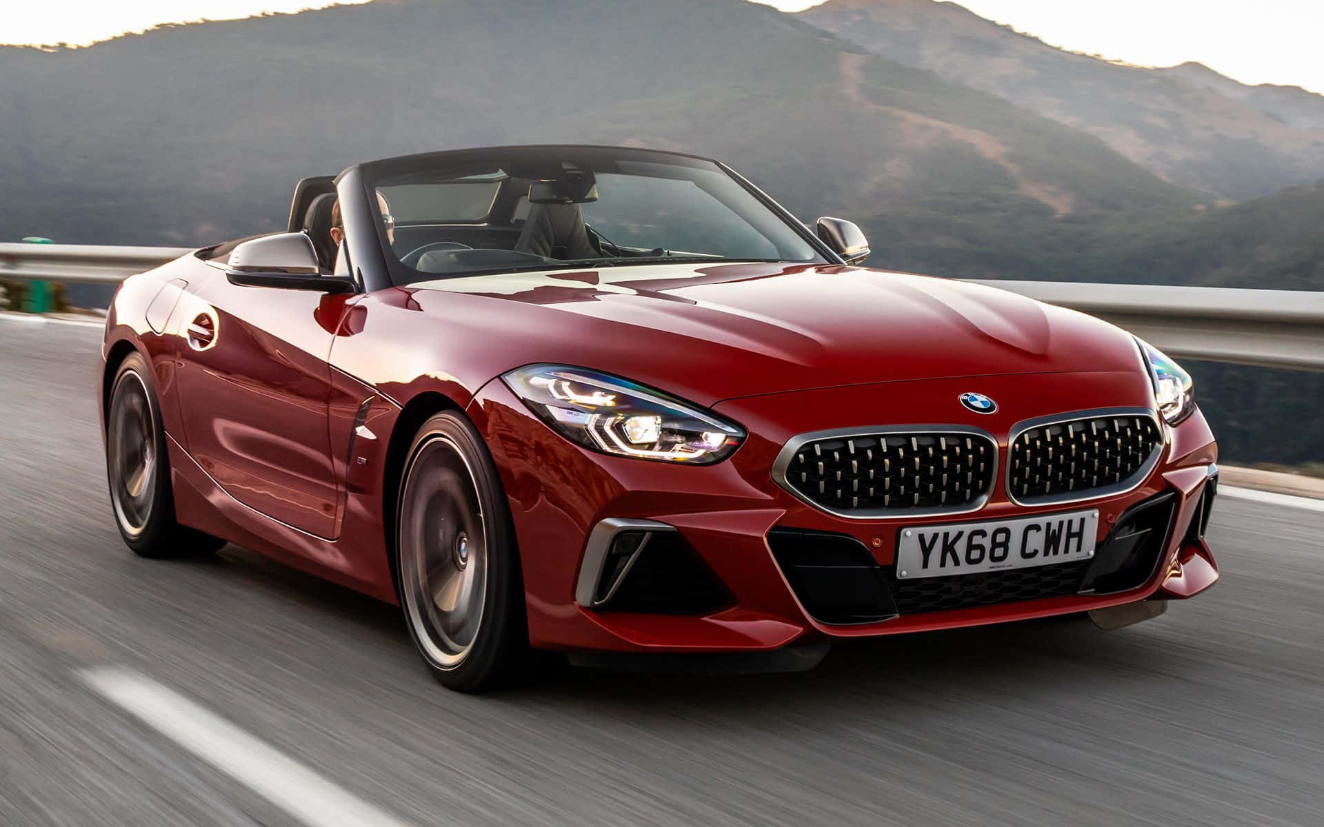 BMW Z4, glossy red, mountain highway, Full HD Desktop Wallpaper