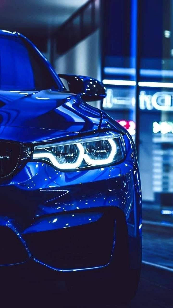 blue BMW, glowing headlights, glossy blue sports car, HD Phone Wallpaper