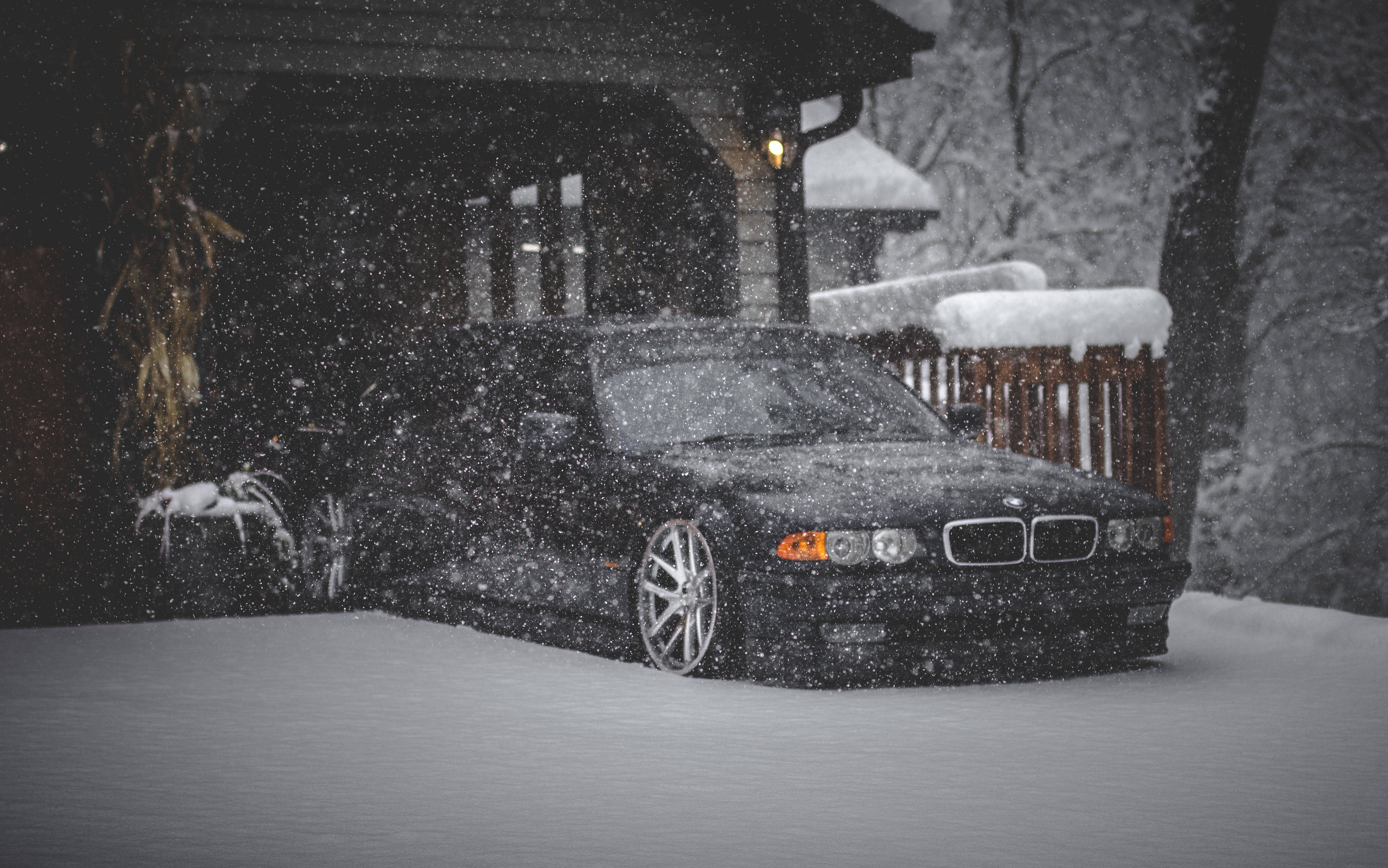 BMW, black, snowy driveway, 4K Desktop Wallpaper