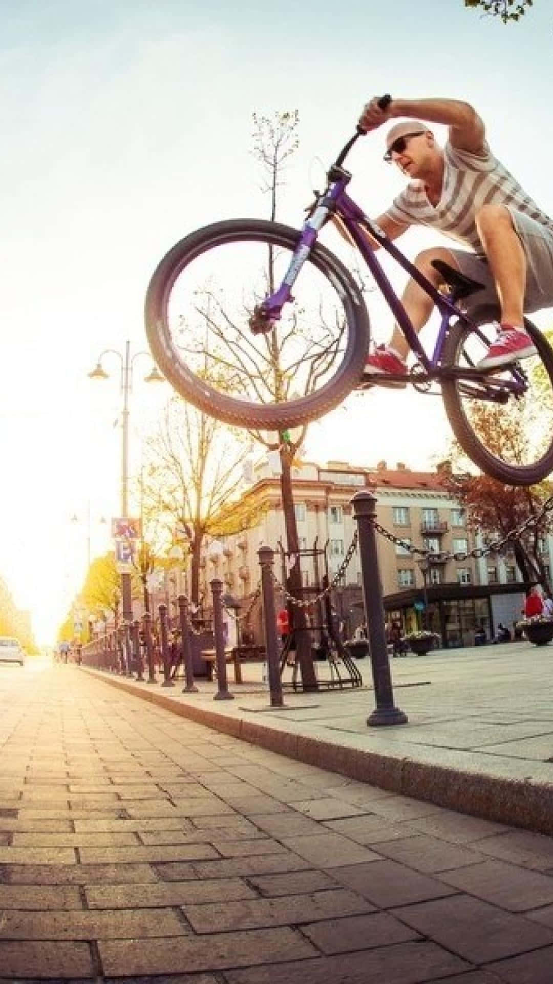 purple bike, wheelie, sunlit cobblestone street, Full HD Phone Wallpaper