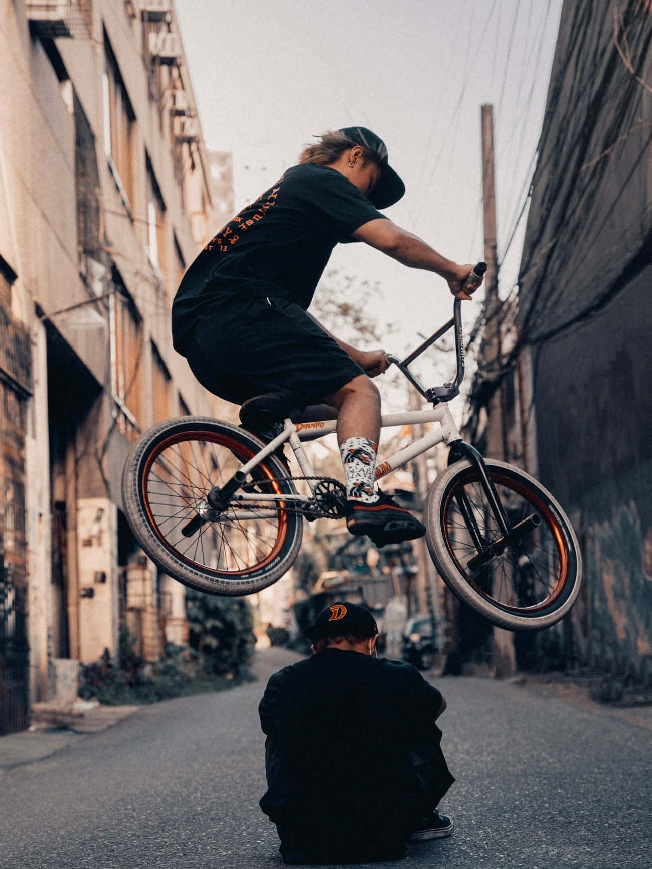 Bmx, urban alleyway, mid-air, HD Phone Wallpaper