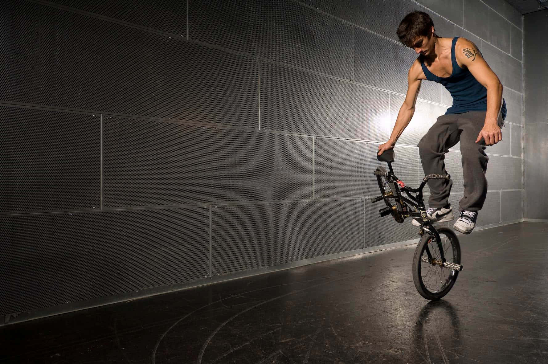 bmx, wheelie, dark perforated wall, HD Desktop Wallpaper