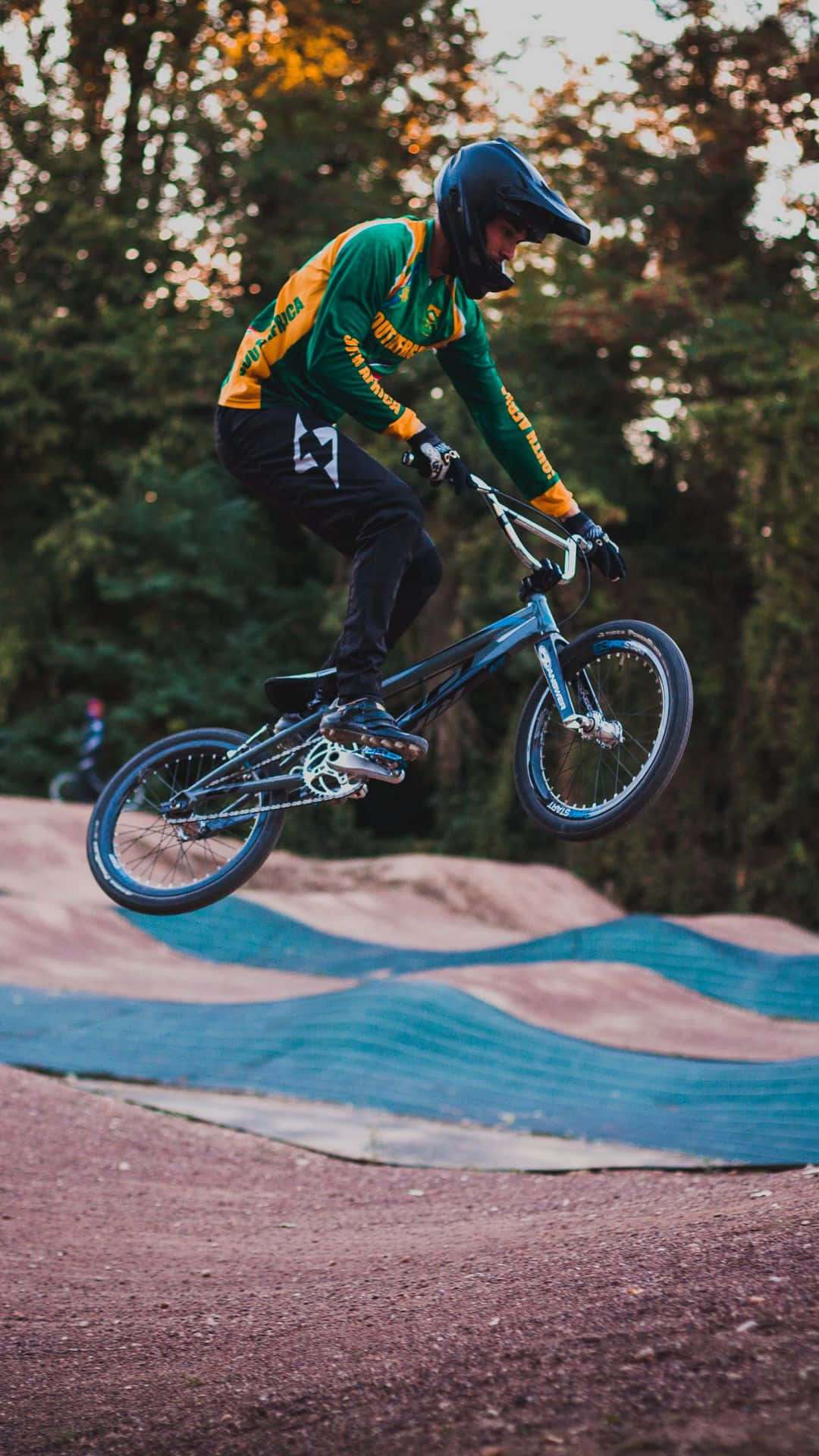 bmx, green and yellow gear, dirt track, Full HD Phone Wallpaper