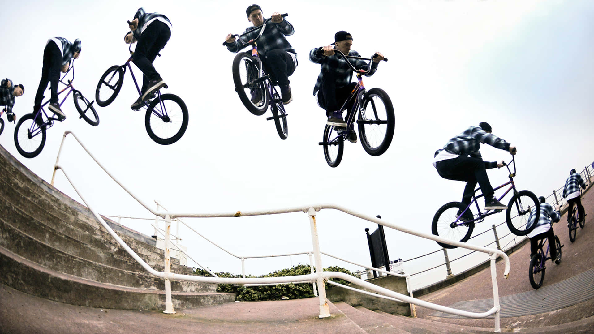 BMX, concrete staircase railing, overcast sky, Full HD Desktop Wallpaper