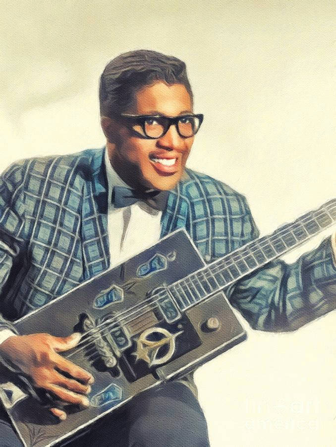 Bo Diddley, plaid suit, decorated electric guitar, SD Phone Wallpaper